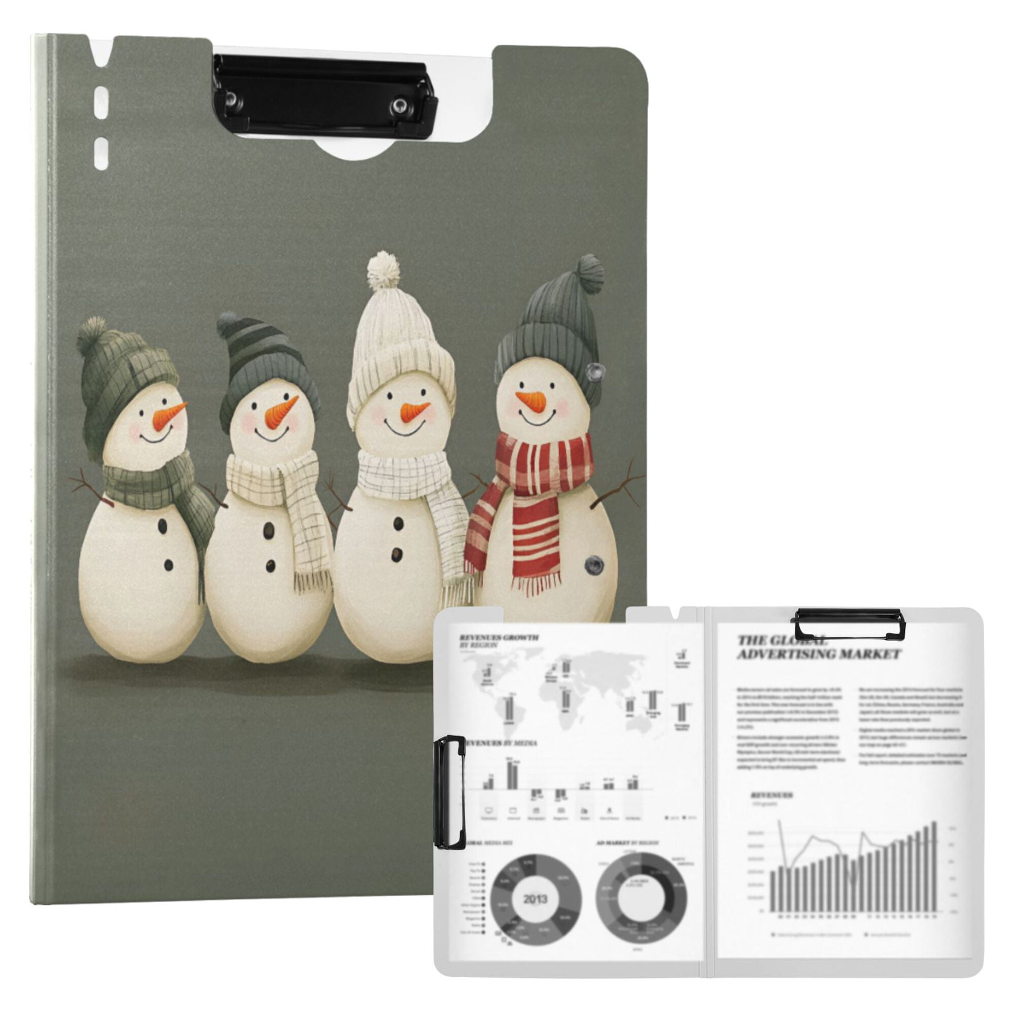 FORMRS A4 Clipboard Folder with Pen Holder Horizontal Foldable School Office Binder, Gray Snowmen