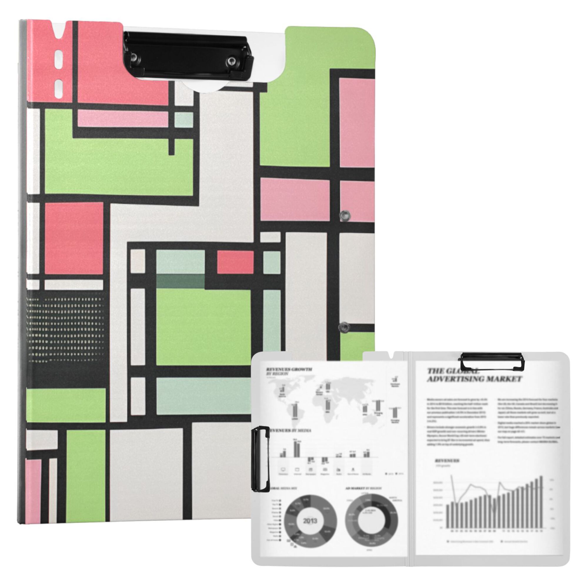 FORMRS A4 Clipboard Folder with Pen Holder Horizontal Foldable School Office Binder, Green Abstract Geometric