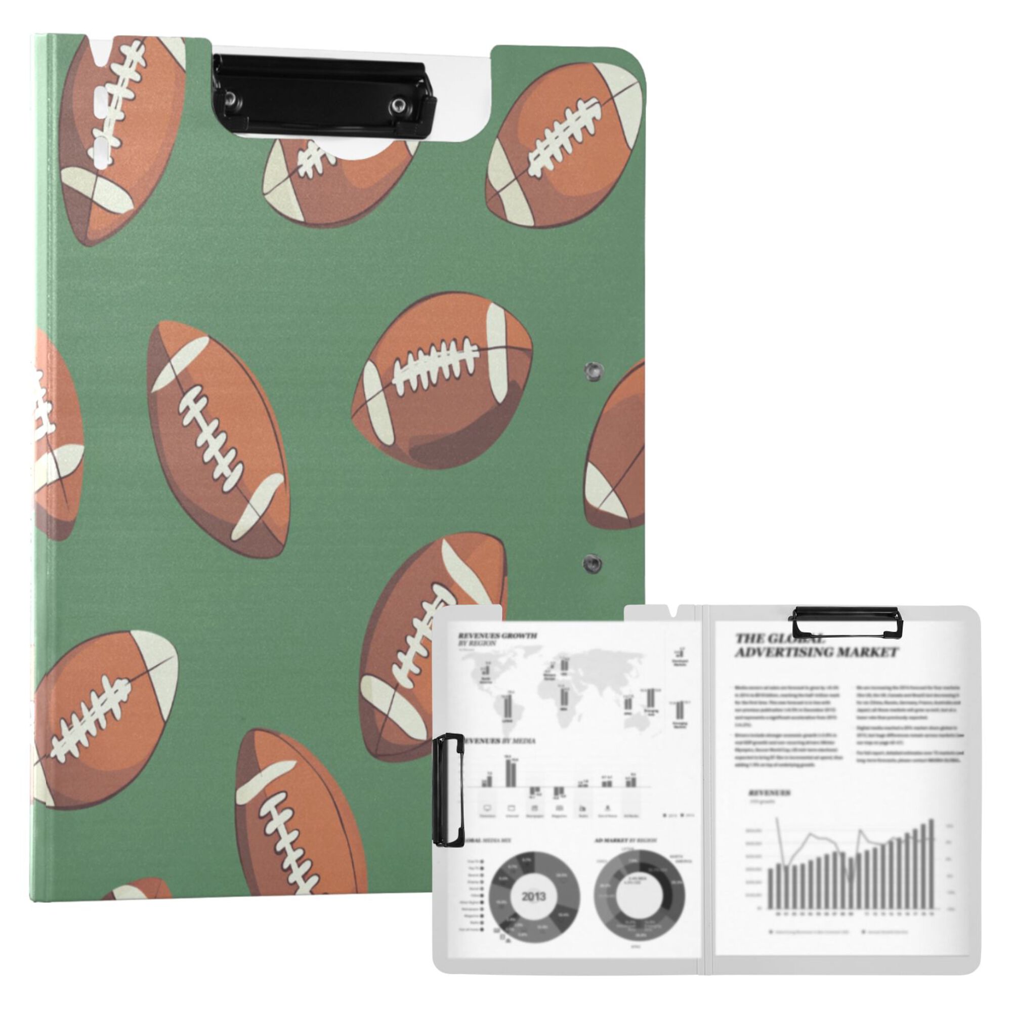 FORMRS A4 Clipboard Folder with Pen Holder Horizontal Foldable School Office Binder, Green American Footballs
