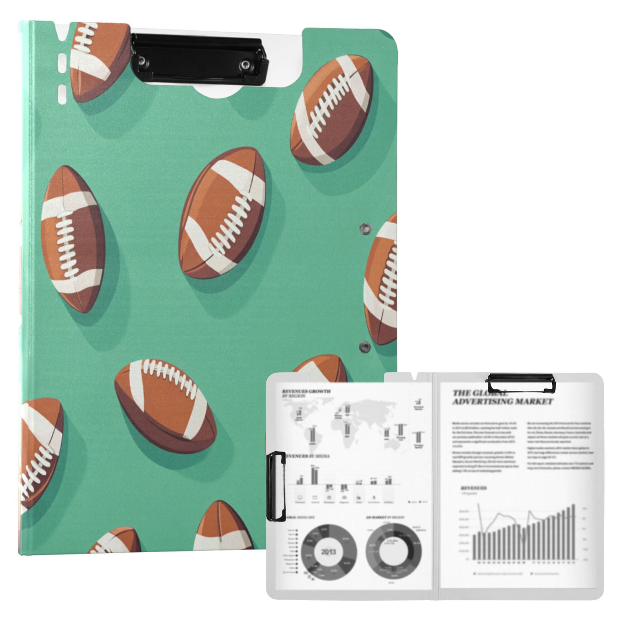 FORMRS A4 Clipboard Folder with Pen Holder Horizontal Foldable School Office Binder, Green American Footballs