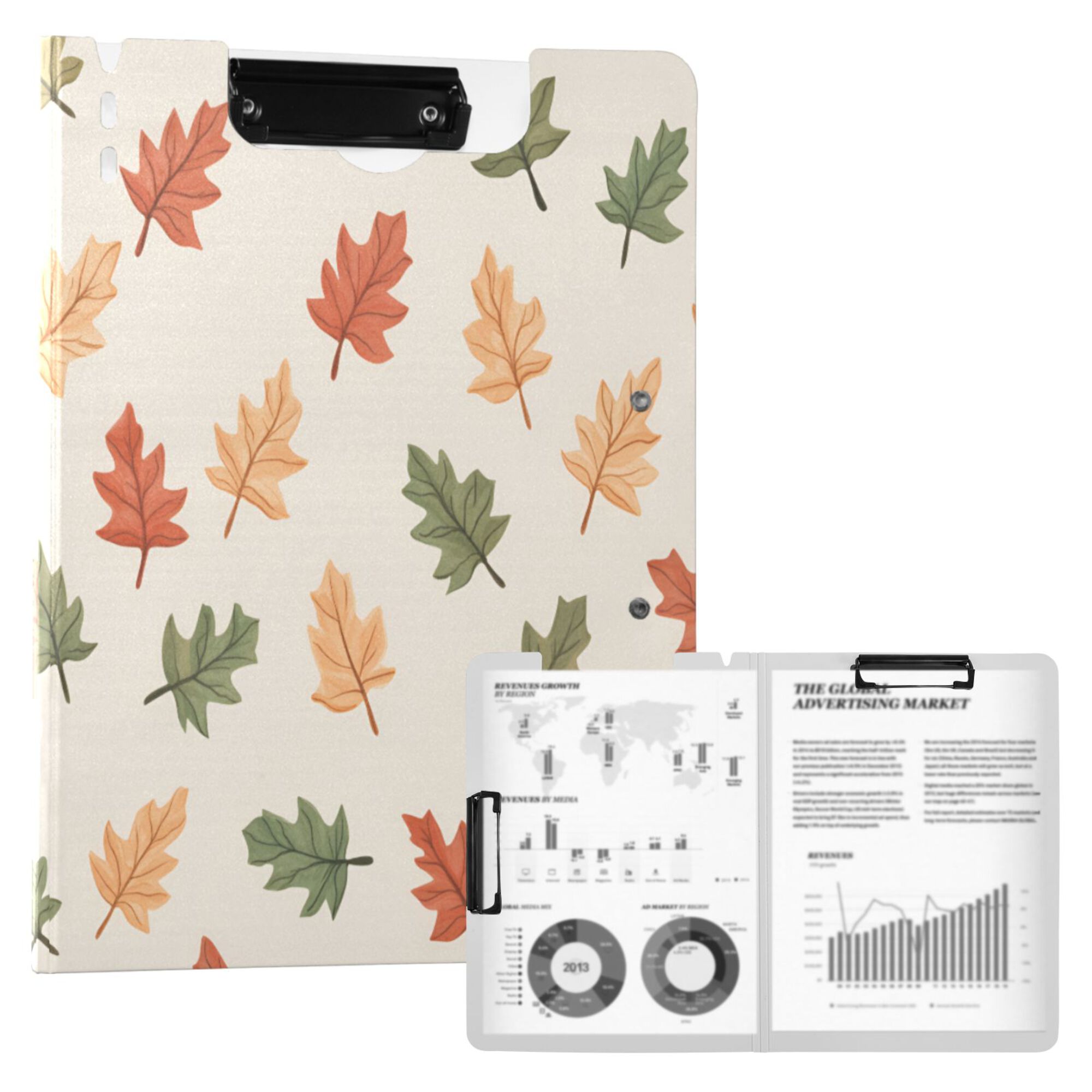 FORMRS A4 Clipboard Folder with Pen Holder Horizontal Foldable School Office Binder, Green Autumn Leaves
