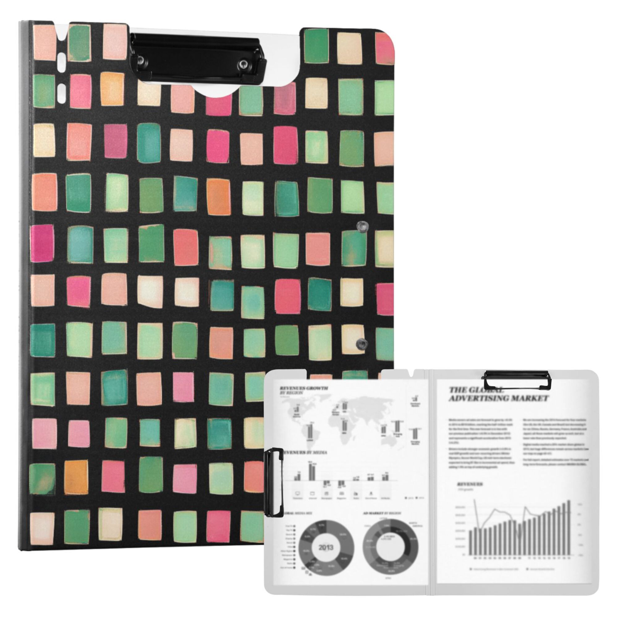 FORMRS A4 Clipboard Folder with Pen Holder Horizontal Foldable School Office Binder, Green Block Pattern