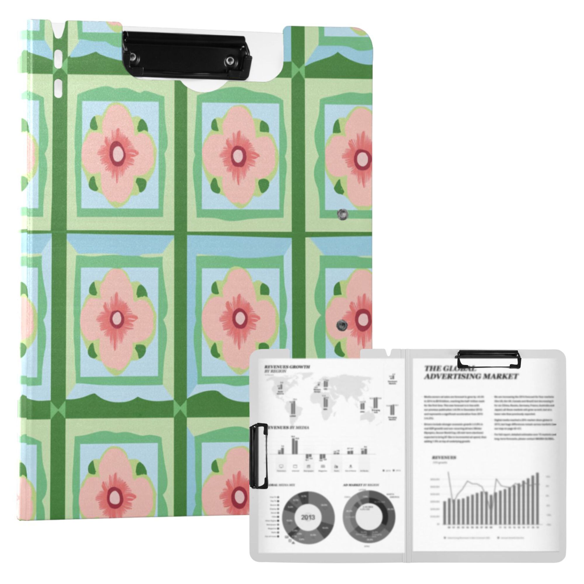 FORMRS A4 Clipboard Folder with Pen Holder Horizontal Foldable School Office Binder, Green Blossom Mosaic