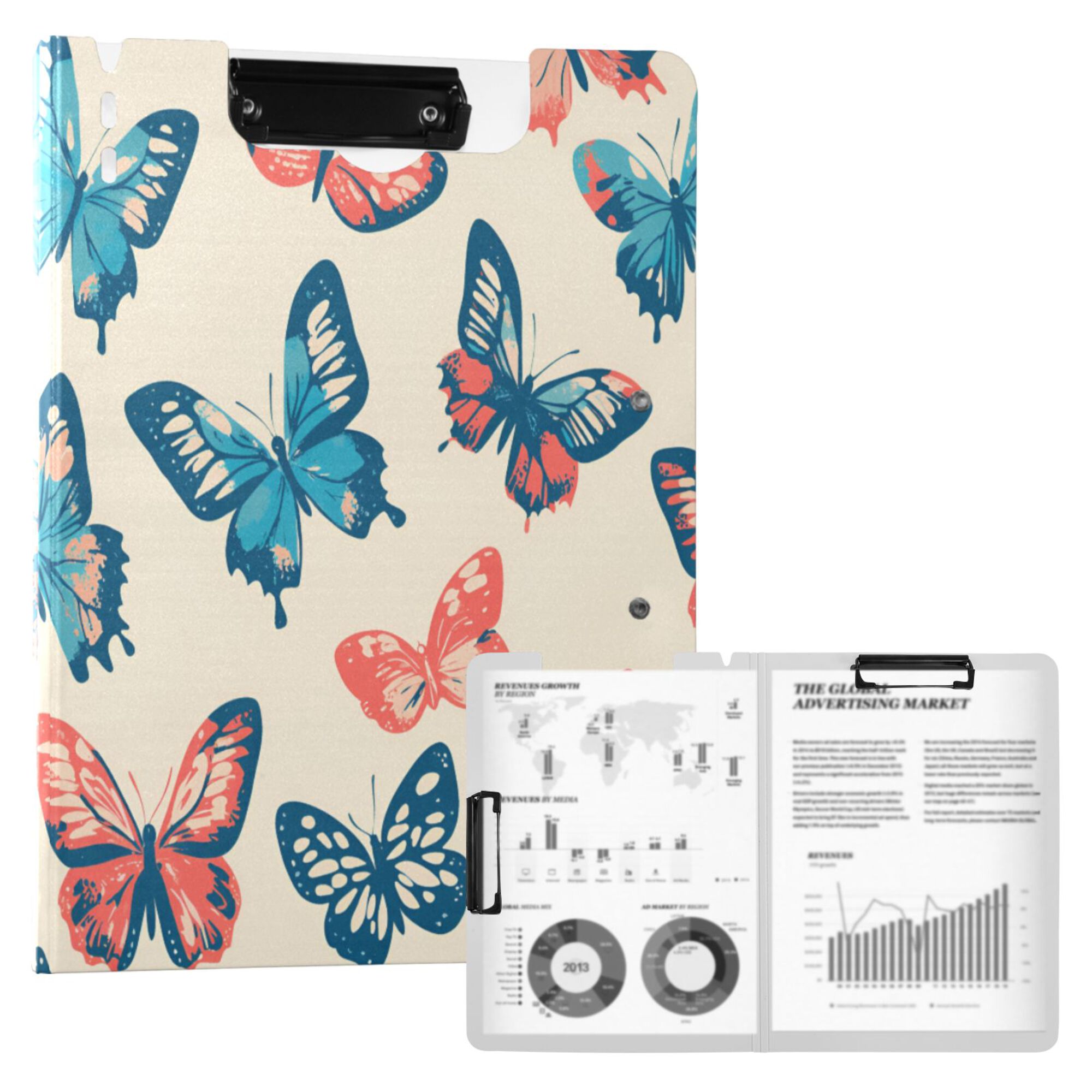 FORMRS A4 Clipboard Folder with Pen Holder Horizontal Foldable School Office Binder, Green Butterflies
