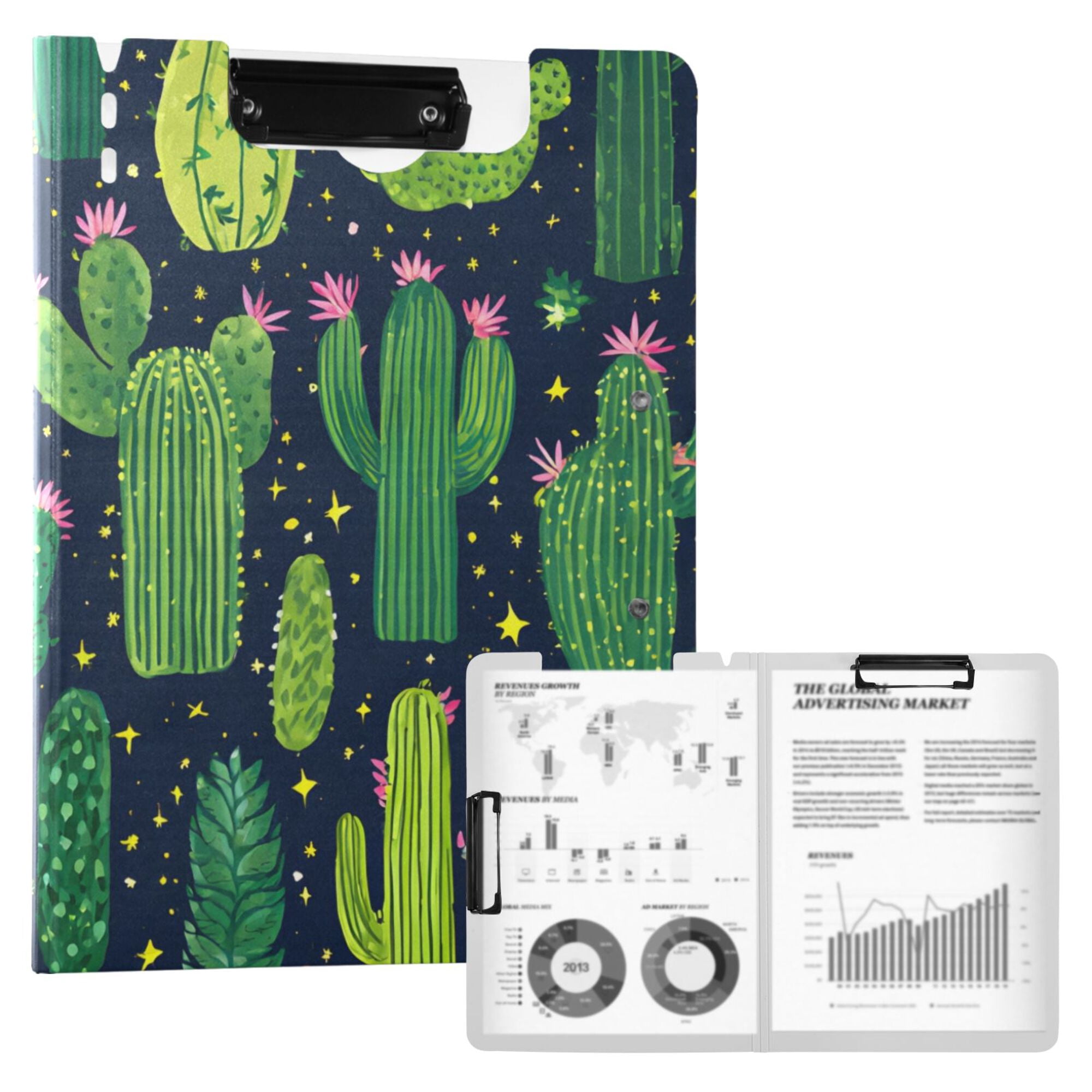 FORMRS A4 Clipboard Folder with Pen Holder Horizontal Foldable School Office Binder, Green Cactus Pattern