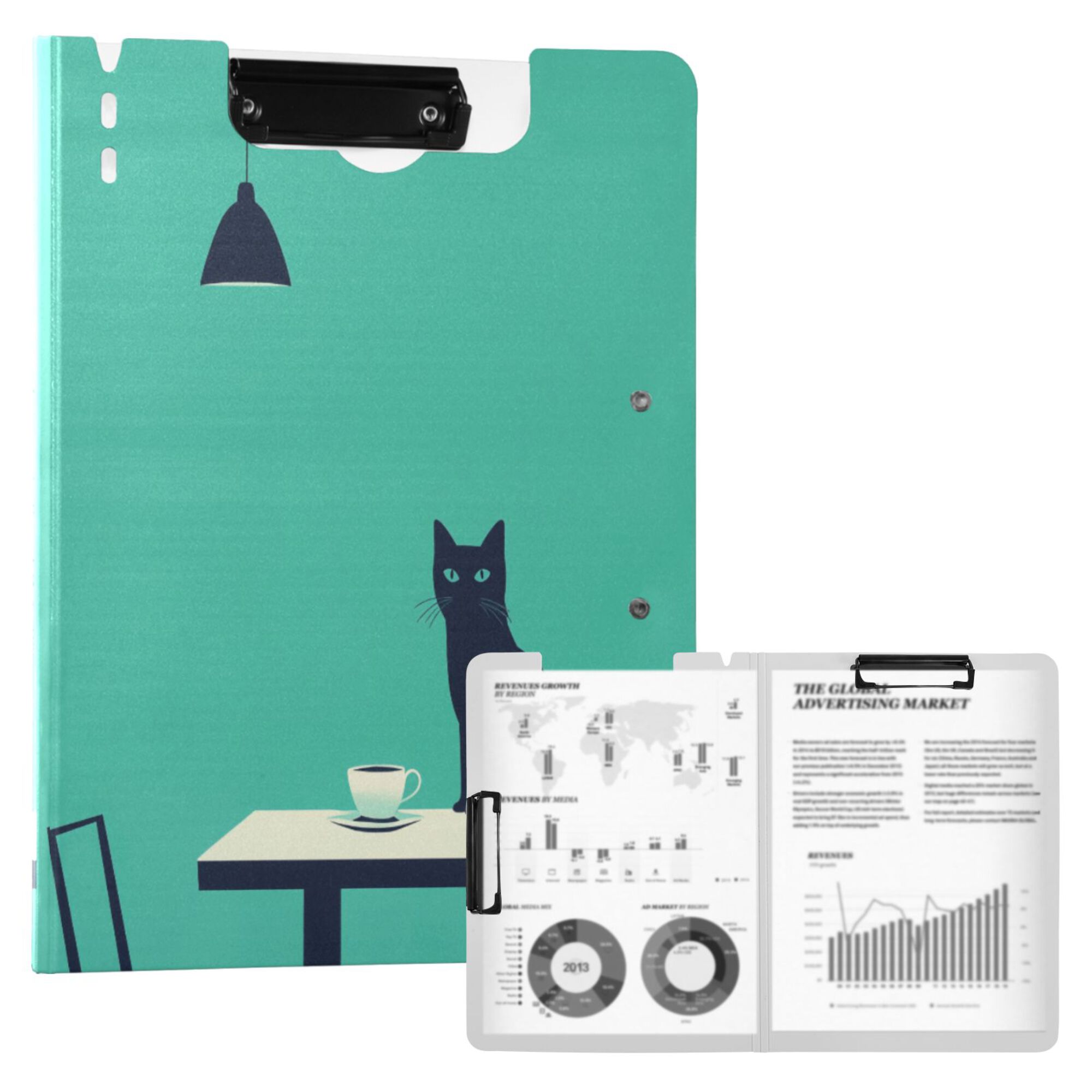 FORMRS A4 Clipboard Folder with Pen Holder Horizontal Foldable School Office Binder, Green Cat