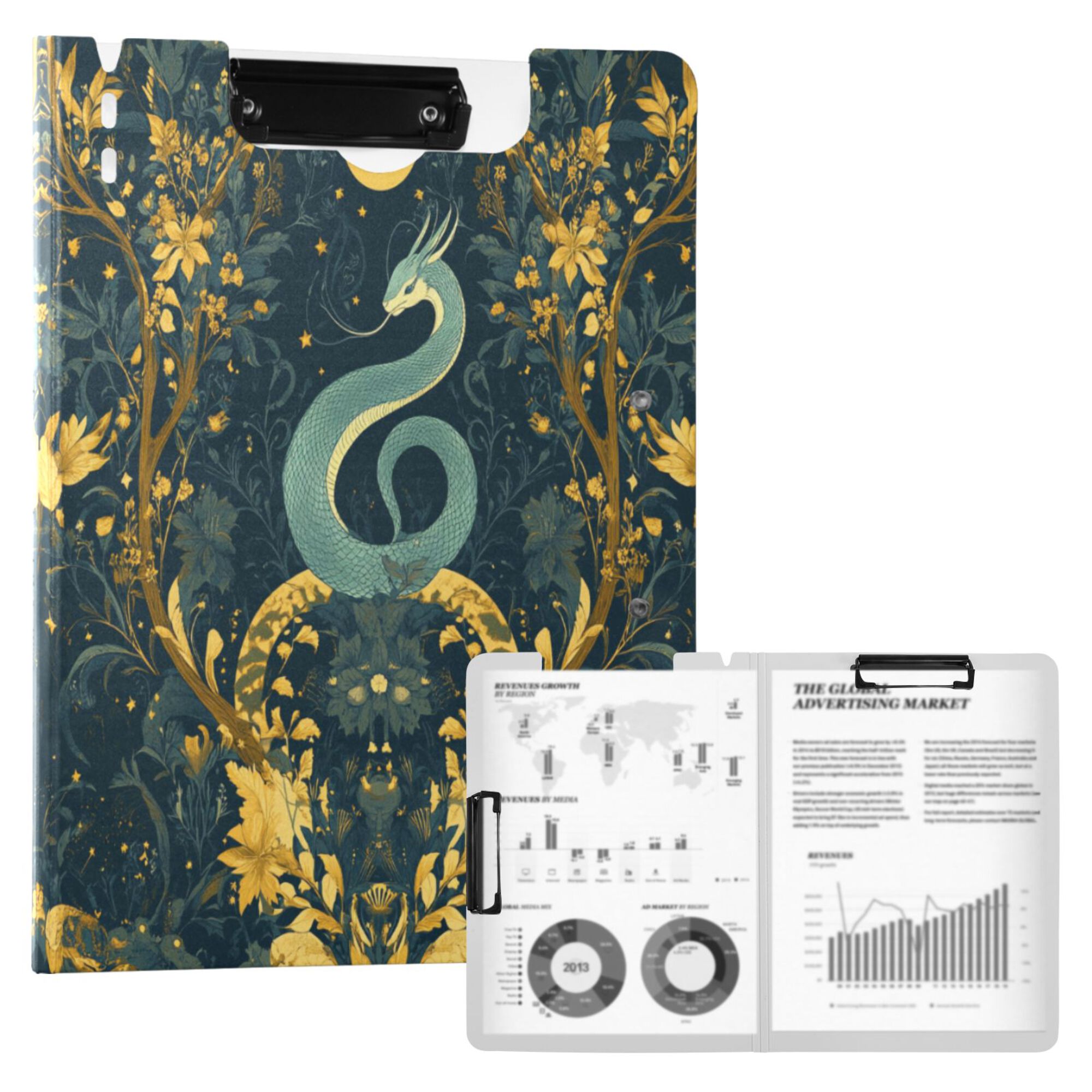 FORMRS A4 Clipboard Folder with Pen Holder Horizontal Foldable School Office Binder, Green Celestial Serpent