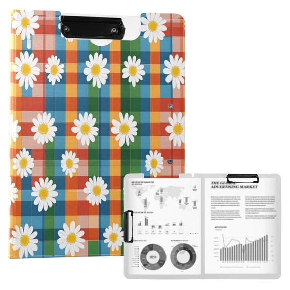 FORMRS A4 Clipboard Folder with Pen Holder Horizontal Foldable School Office Binder, Green Checkered Daisy