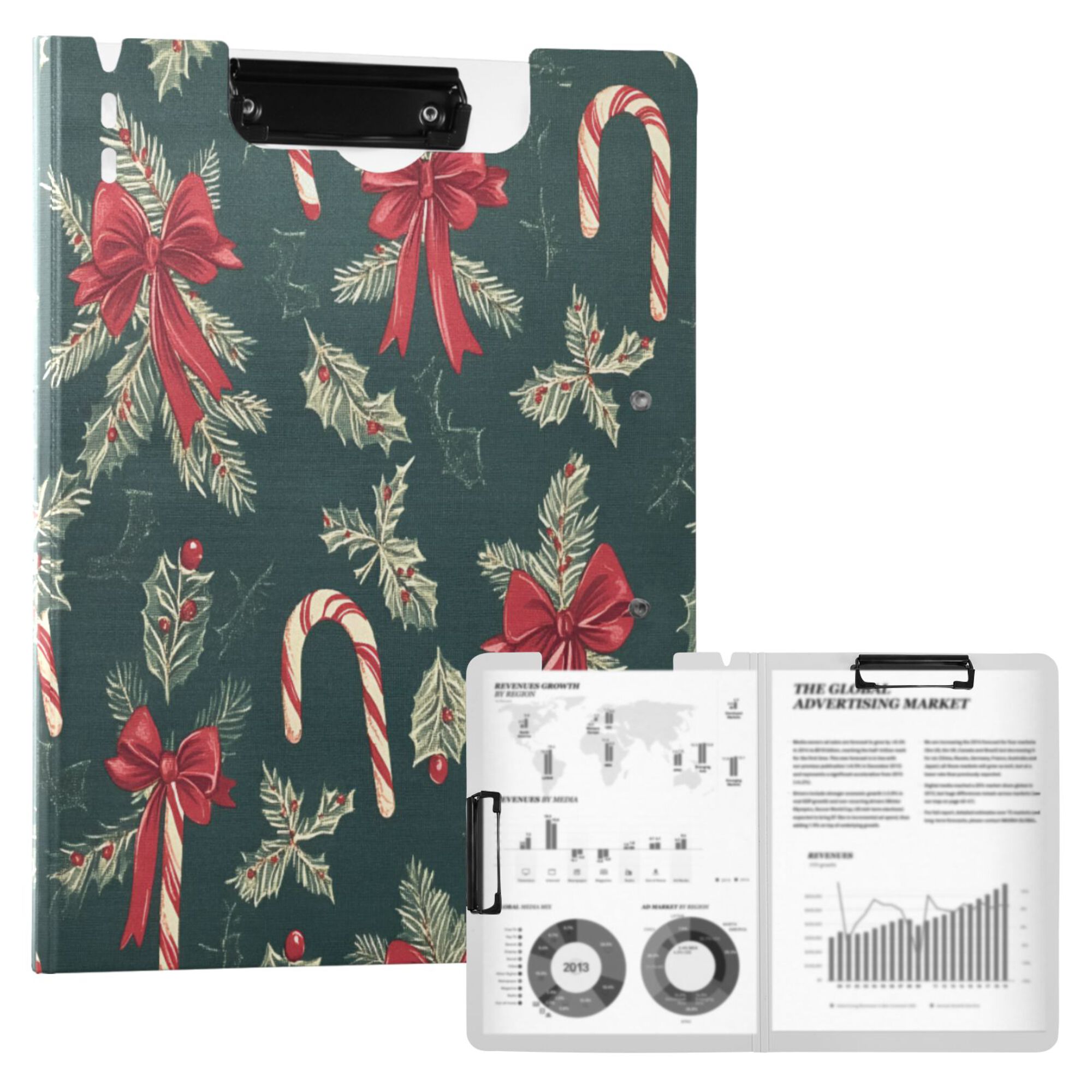 FORMRS A4 Clipboard Folder with Pen Holder Horizontal Foldable School Office Binder, Green Christmas Candy Canes