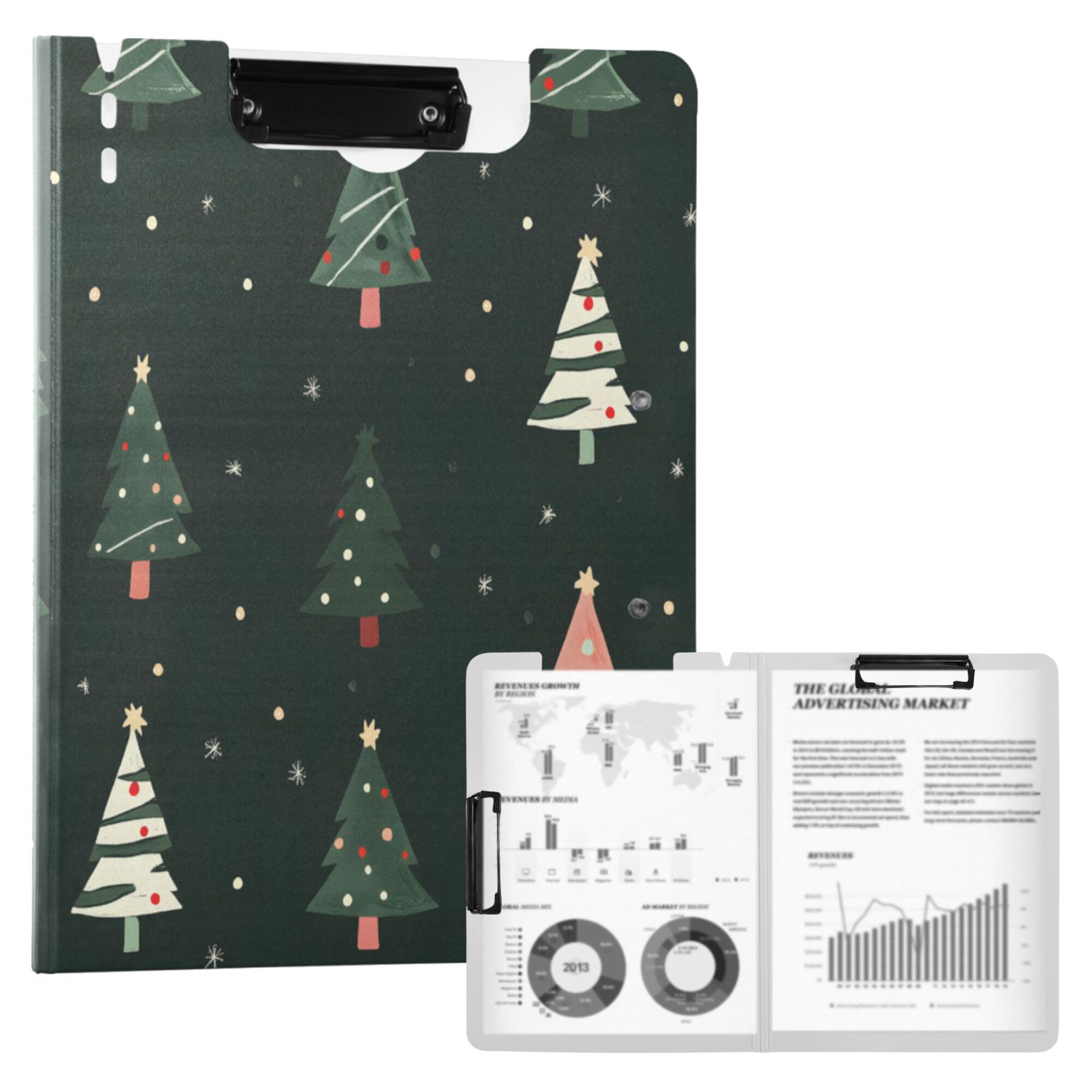 FORMRS A4 Clipboard Folder with Pen Holder Horizontal Foldable School Office Binder, Green Christmas Trees