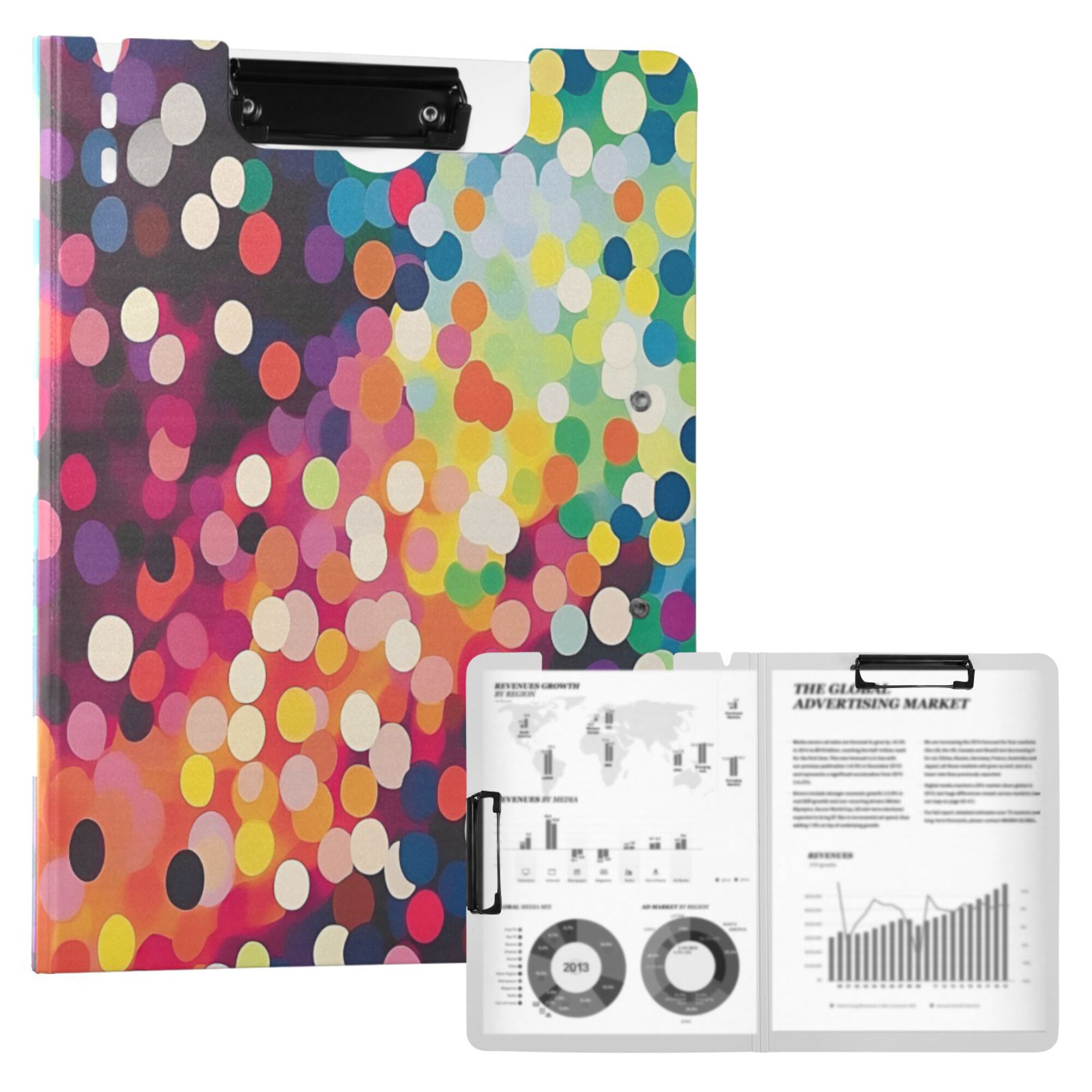 FORMRS A4 Clipboard Folder with Pen Holder Horizontal Foldable School Office Binder, Green Colorful Circles