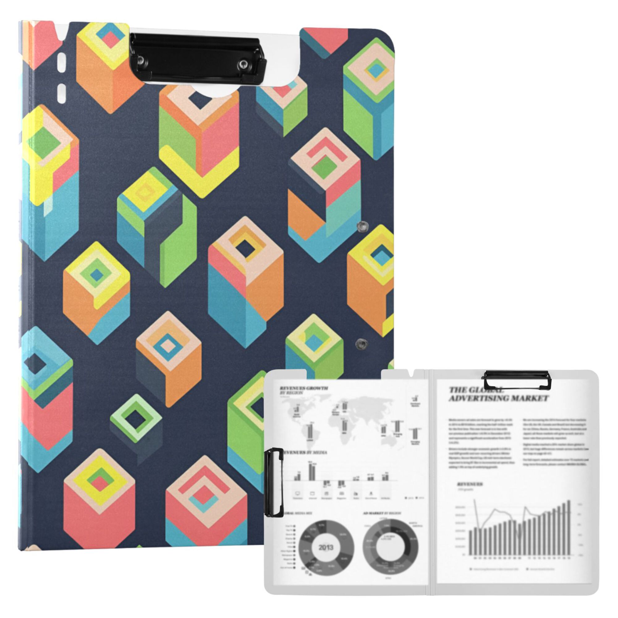 FORMRS A4 Clipboard Folder with Pen Holder Horizontal Foldable School Office Binder, Green Cubes