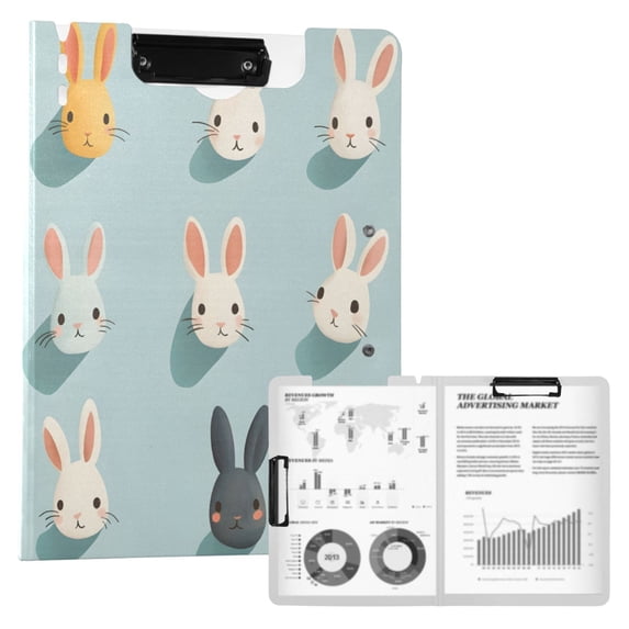 FORMRS A4 Clipboard Folder with Pen Holder Horizontal Foldable School Office Binder, Green Cute Rabbits