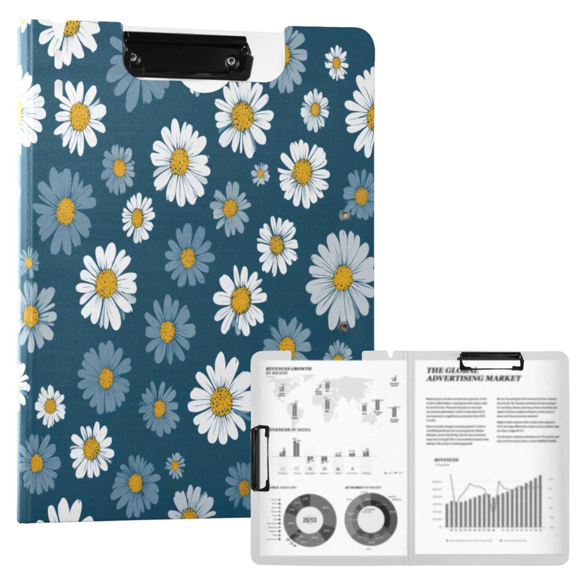 FORMRS A4 Clipboard Folder with Pen Holder Horizontal Foldable School Office Binder, Green Daisy Pattern