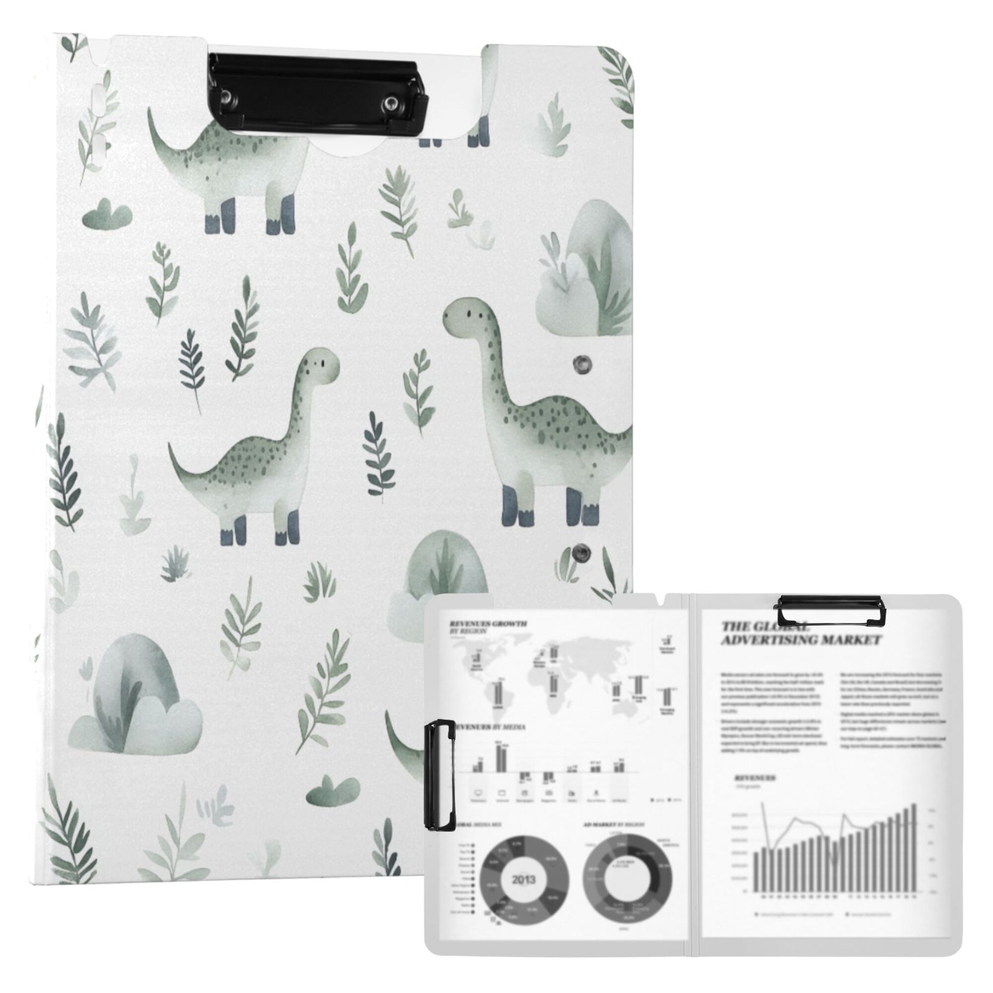 FORMRS A4 Clipboard Folder with Pen Holder Horizontal Foldable School Office Binder, Green Dinosaur Pattern