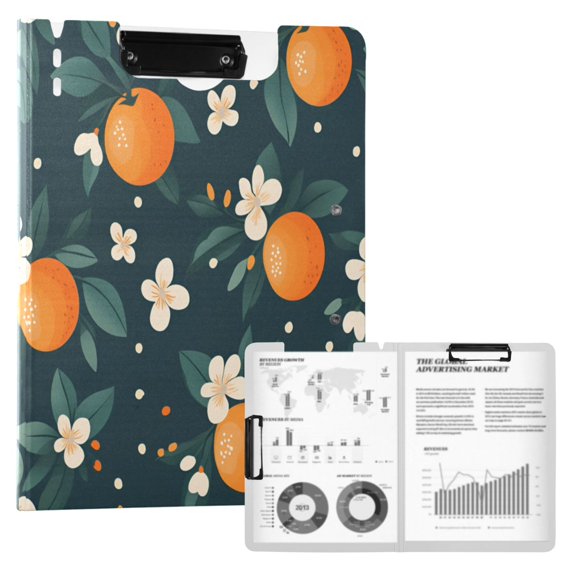 FORMRS A4 Clipboard Folder with Pen Holder Horizontal Foldable School Office Binder, Green Floral Oranges