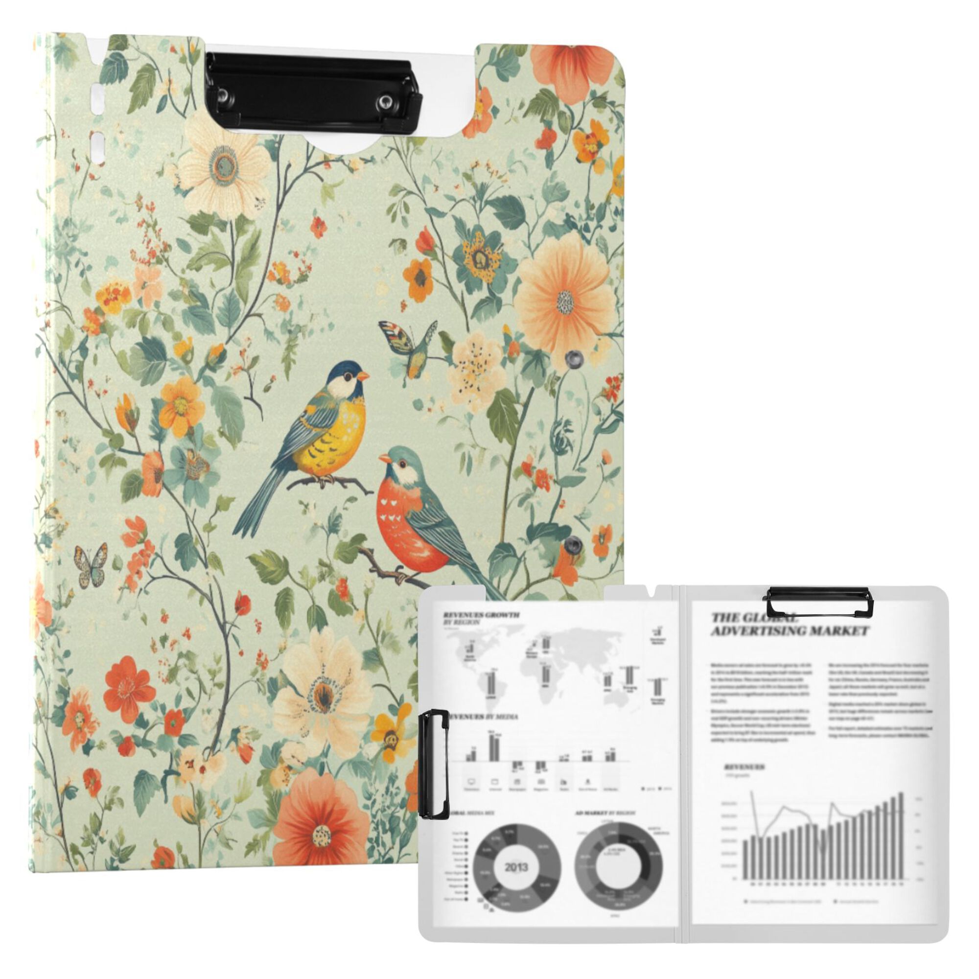 FORMRS A4 Clipboard Folder with Pen Holder Horizontal Foldable School Office Binder, Green Floral Pattern