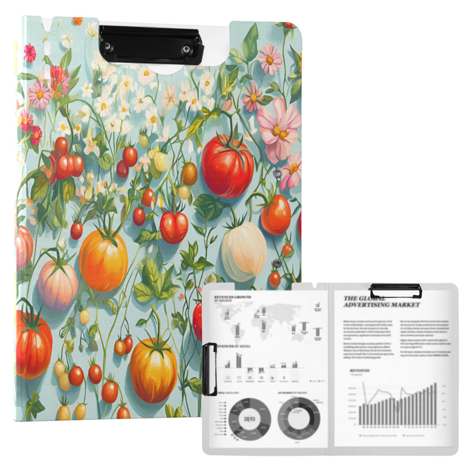 FORMRS A4 Clipboard Folder with Pen Holder Horizontal Foldable School Office Binder, Green Floral Tomatoes