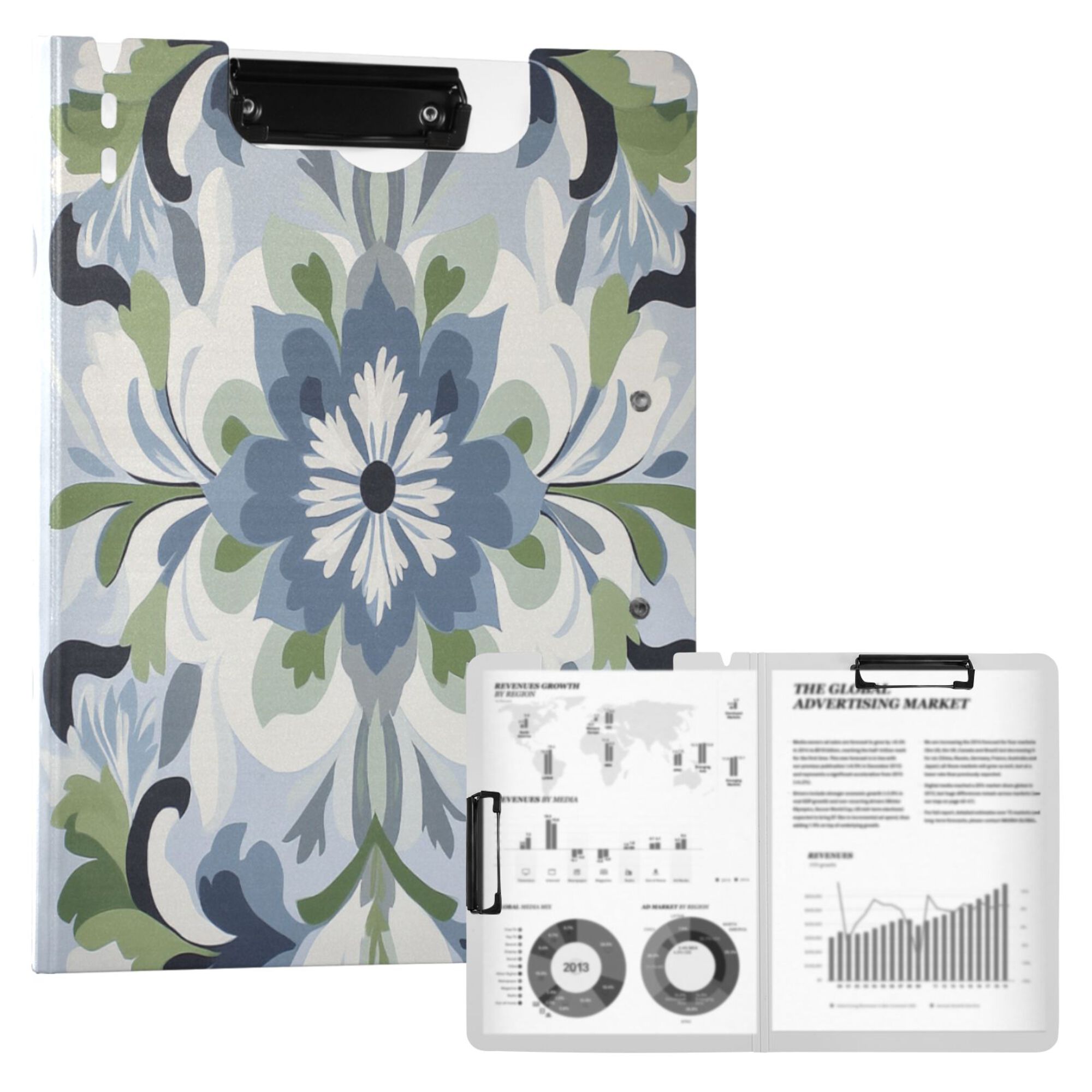 FORMRS A4 Clipboard Folder with Pen Holder Horizontal Foldable School Office Binder, Green Floral