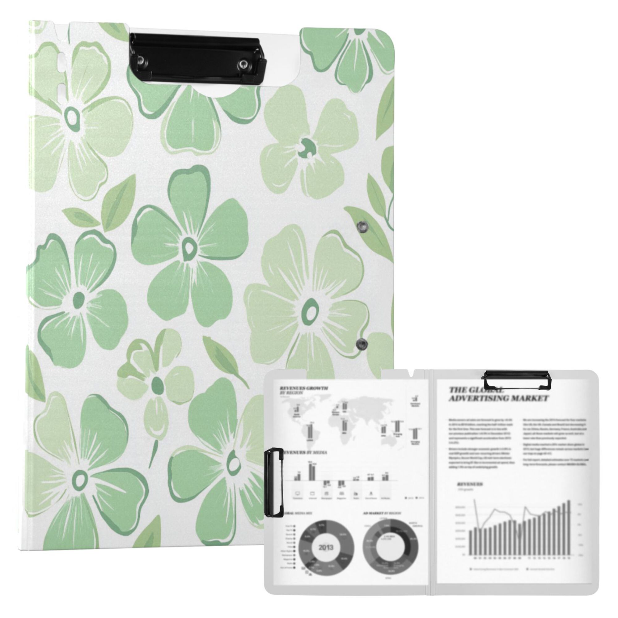 FORMRS A4 Clipboard Folder with Pen Holder Horizontal Foldable School Office Binder, Green Floral