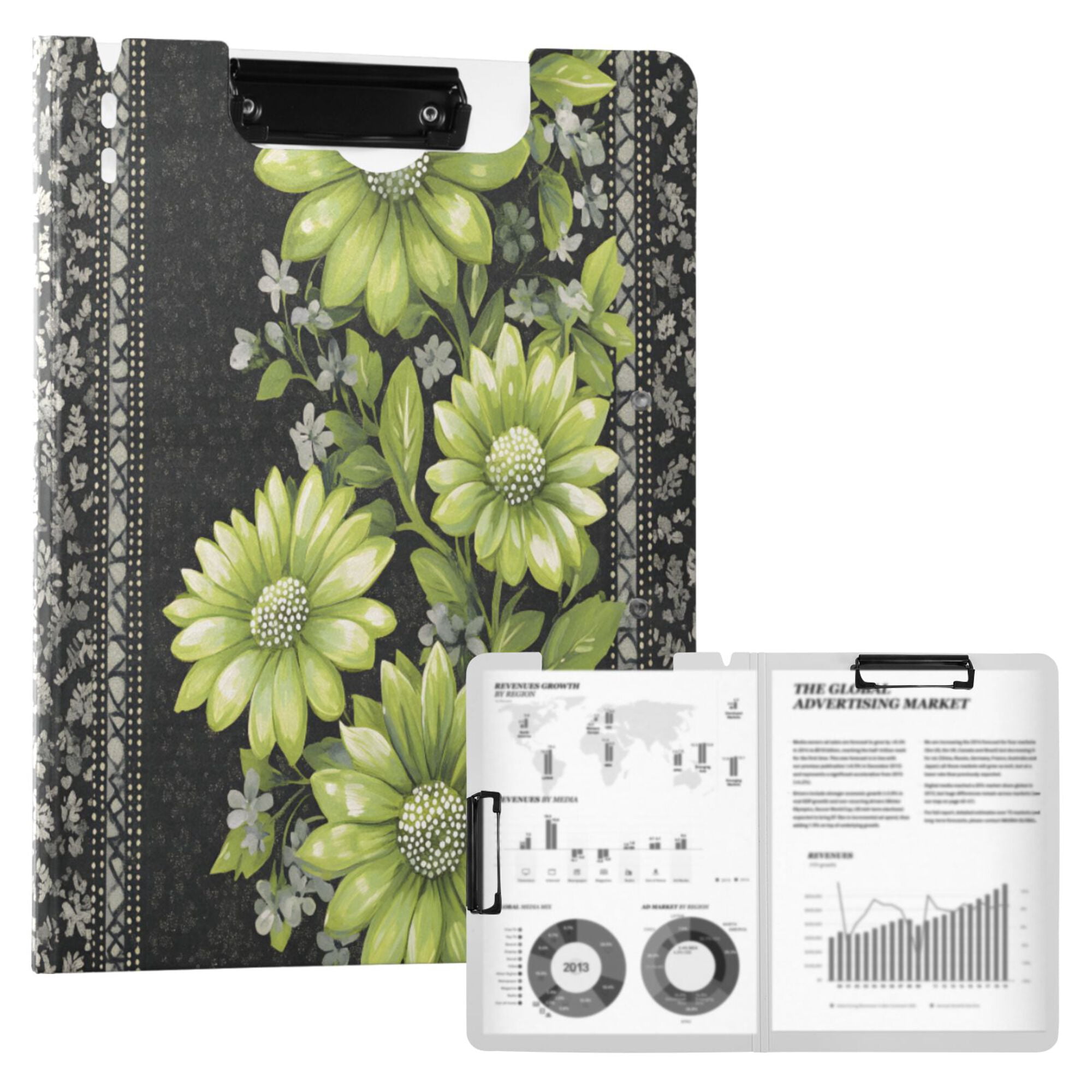 FORMRS A4 Clipboard Folder with Pen Holder Horizontal Foldable School Office Binder, Green Flowers