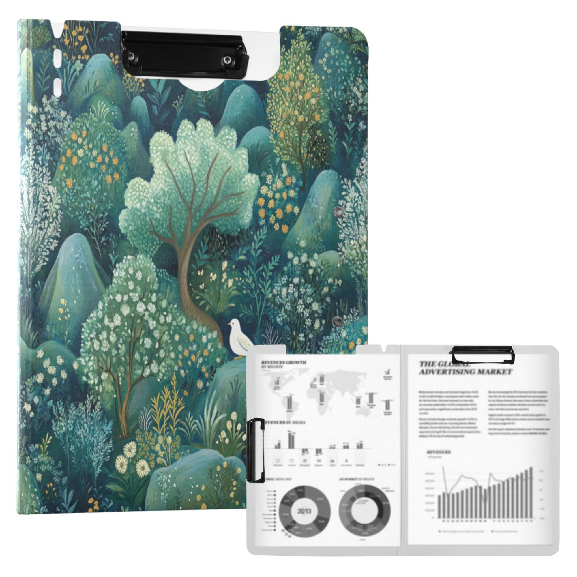 FORMRS A4 Clipboard Folder with Pen Holder Horizontal Foldable School Office Binder, Green Forest Pattern