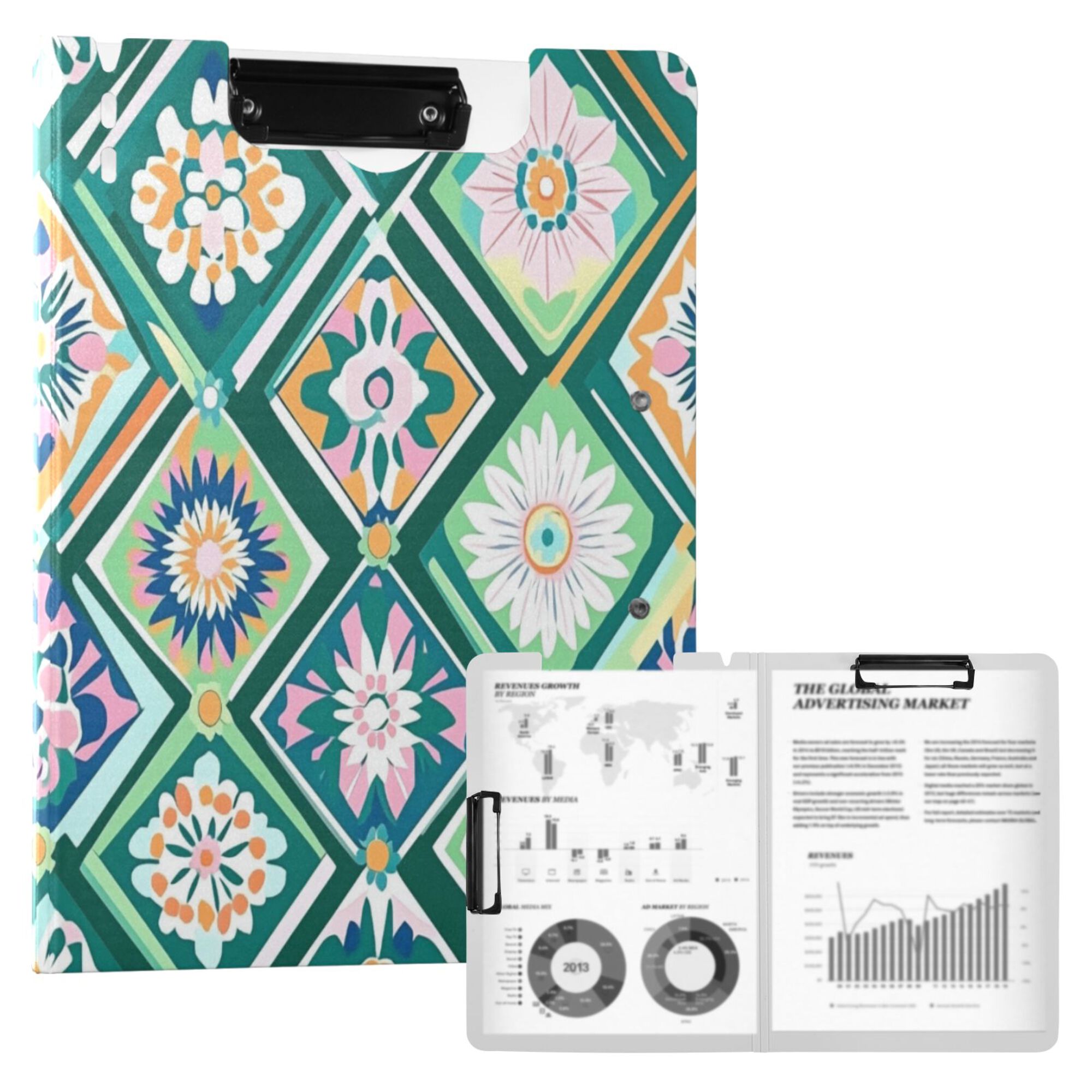 FORMRS A4 Clipboard Folder with Pen Holder Horizontal Foldable School Office Binder, Green Geometric Flowers
