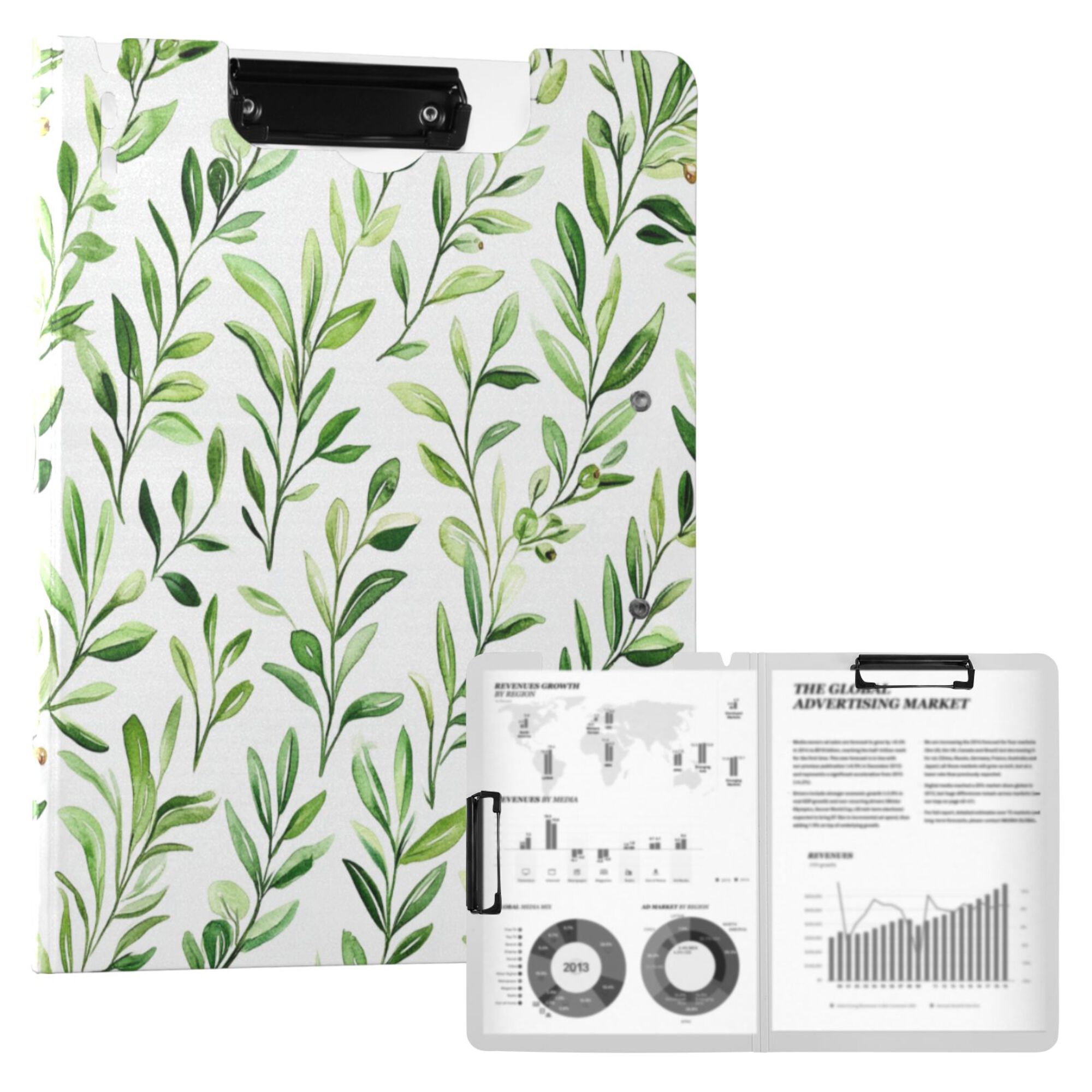FORMRS A4 Clipboard Folder with Pen Holder Horizontal Foldable School Office Binder, Green Leafy Pattern