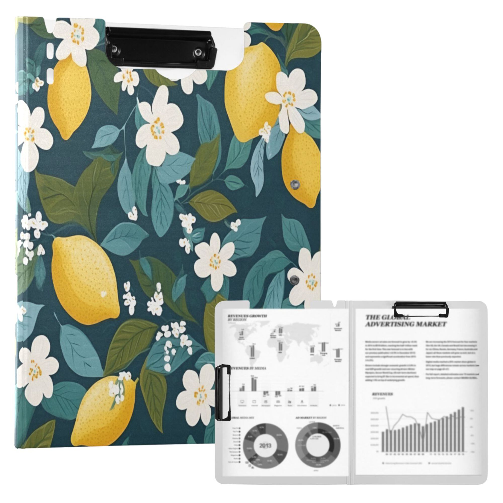 FORMRS A4 Clipboard Folder with Pen Holder Horizontal Foldable School Office Binder, Green Lemon Leaves