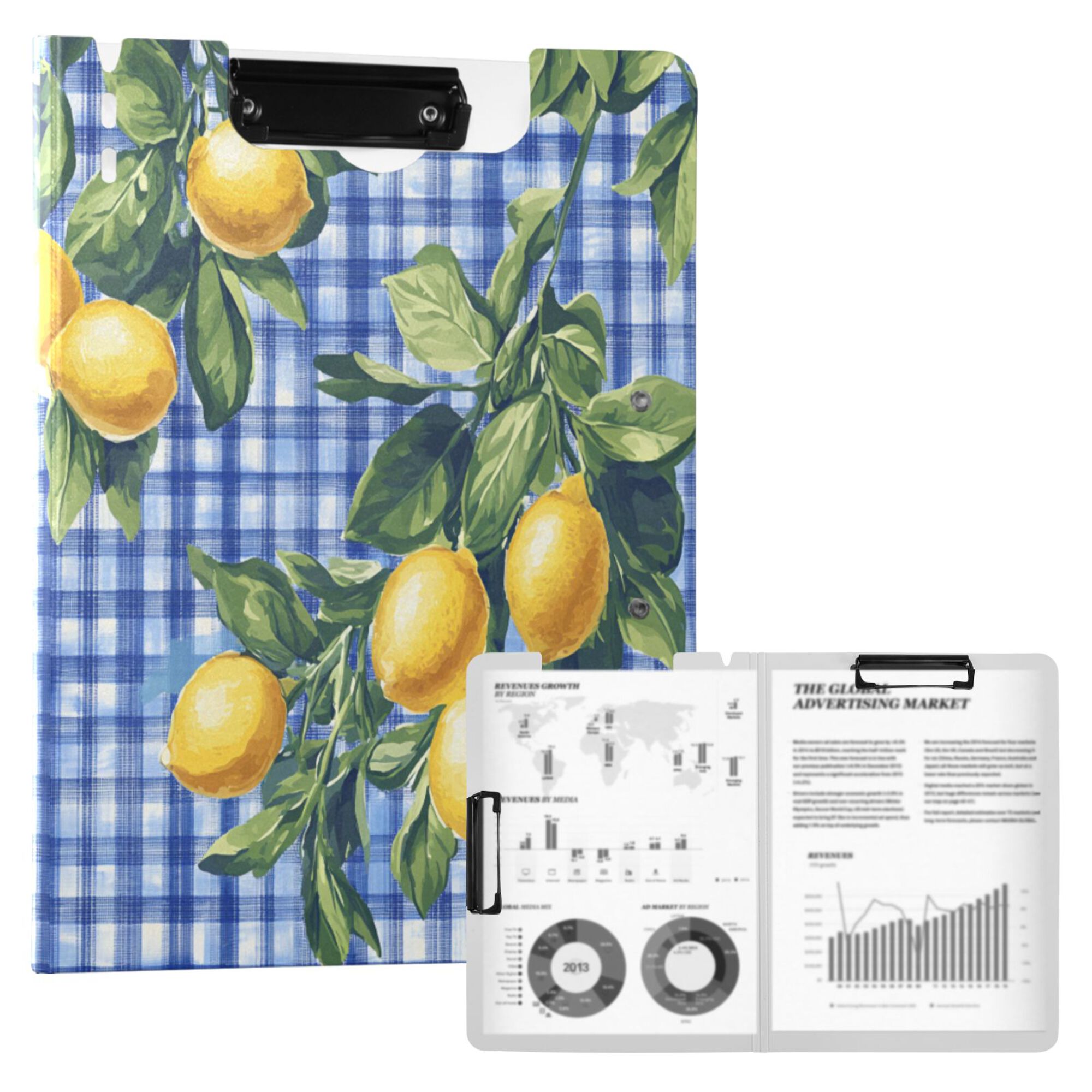 FORMRS A4 Clipboard Folder with Pen Holder Horizontal Foldable School Office Binder, Green Lemon Plaid