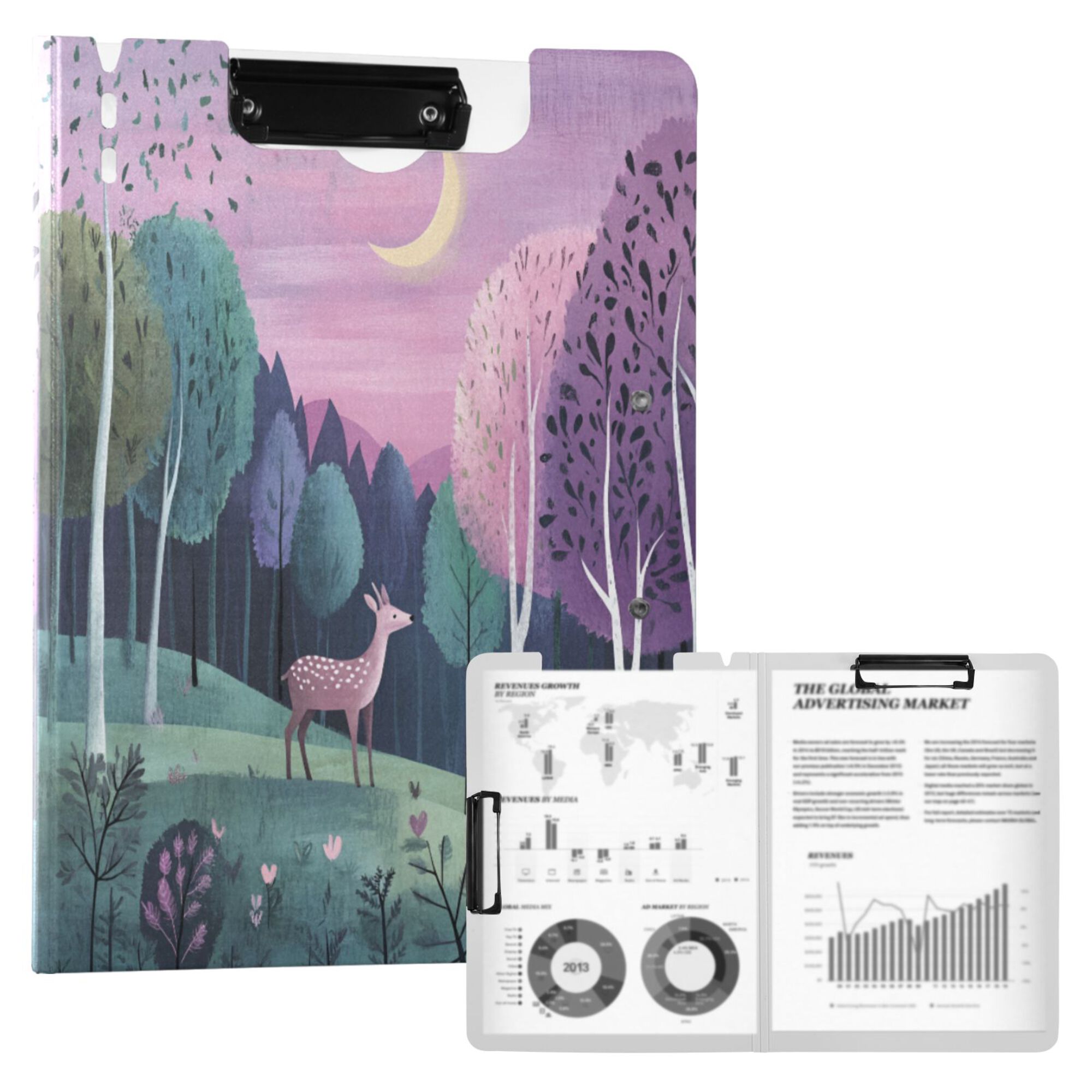 FORMRS A4 Clipboard Folder with Pen Holder Horizontal Foldable School Office Binder, Green Night Deer
