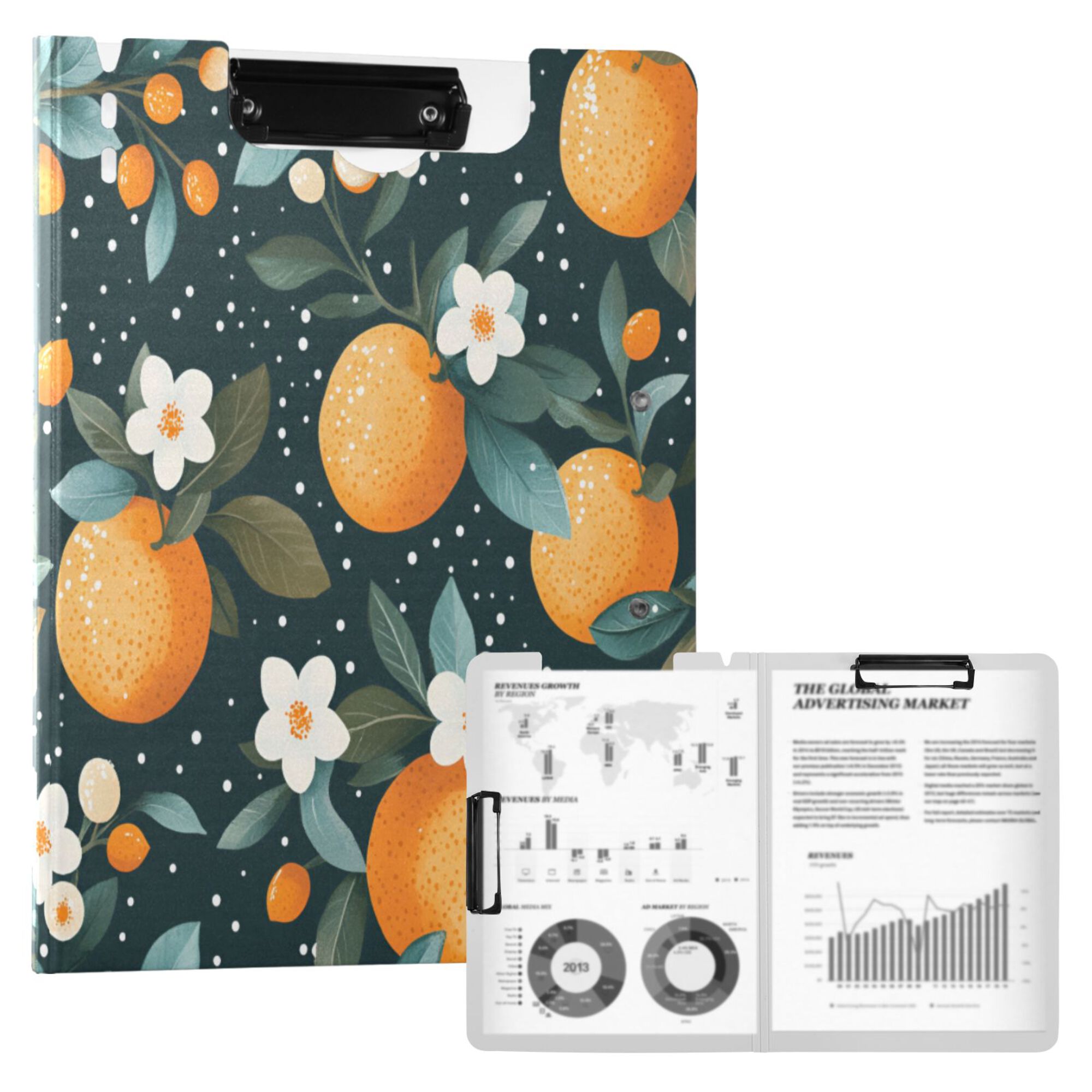 FORMRS A4 Clipboard Folder with Pen Holder Horizontal Foldable School Office Binder, Green Oranges