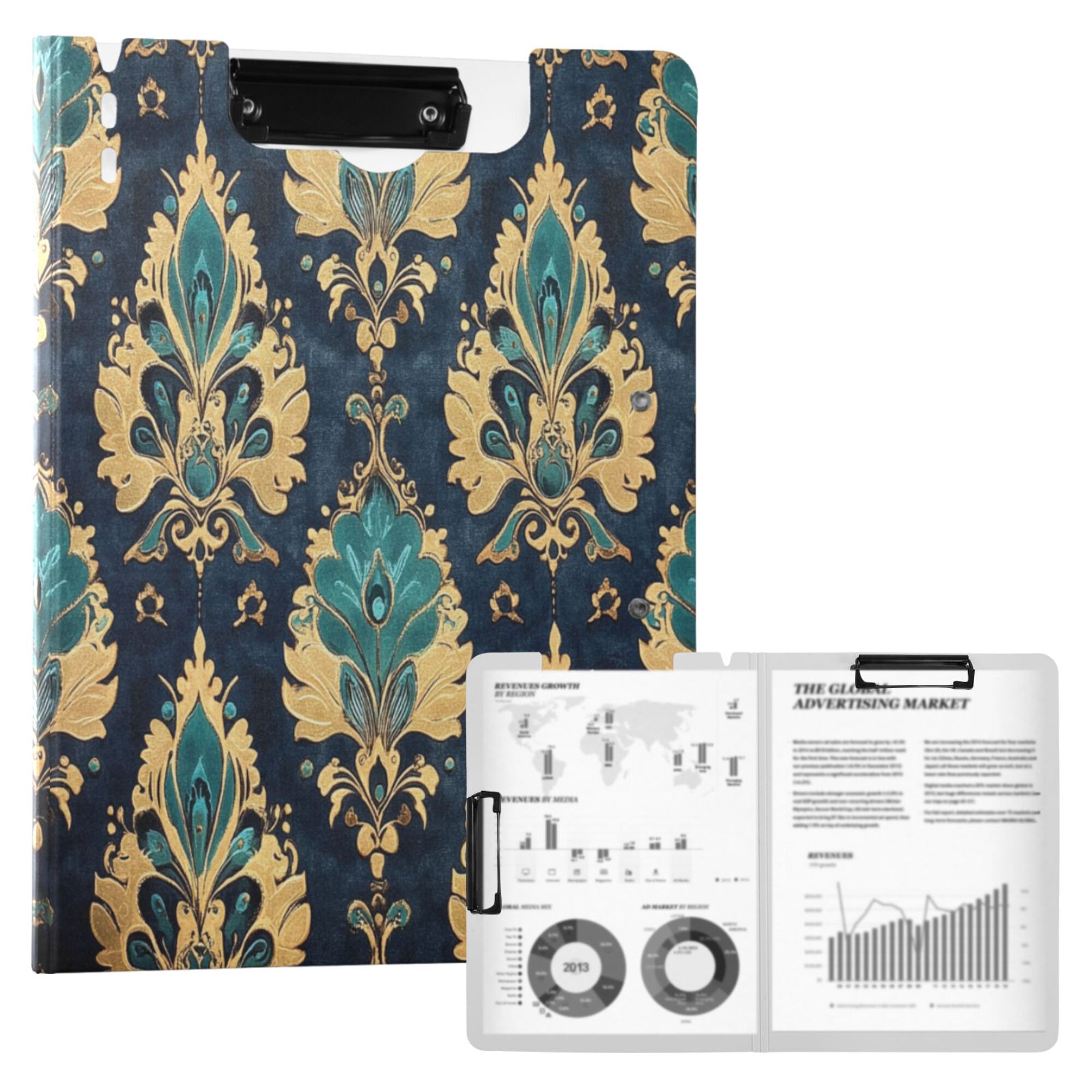 FORMRS A4 Clipboard Folder with Pen Holder Horizontal Foldable School Office Binder, Green Peacock Pattern