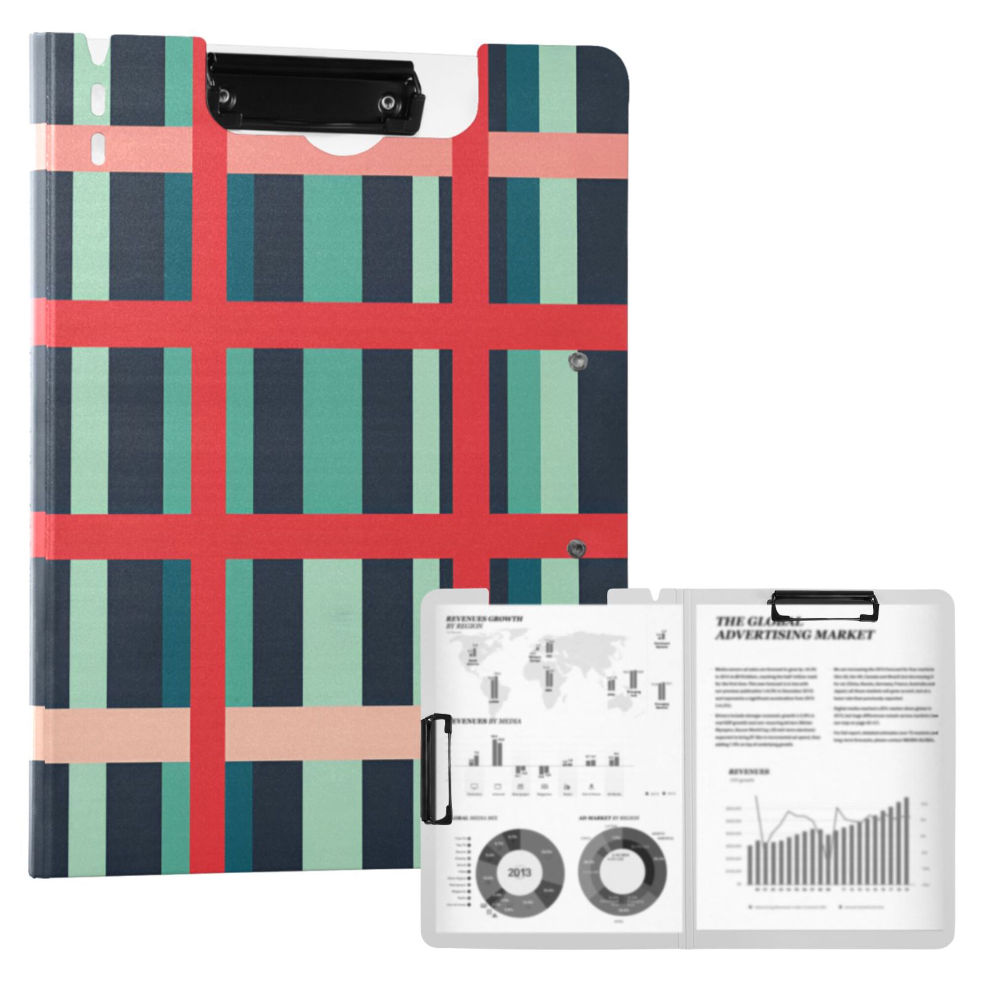 FORMRS A4 Clipboard Folder with Pen Holder Horizontal Foldable School Office Binder, Green Plaid