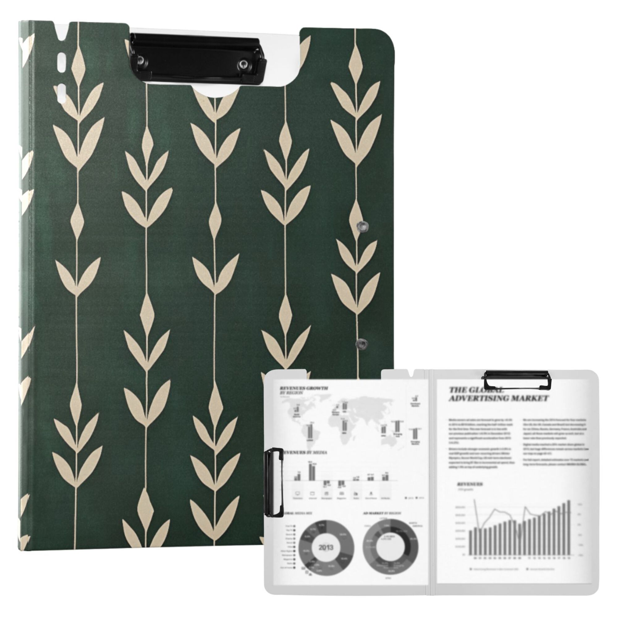FORMRS A4 Clipboard Folder with Pen Holder Horizontal Foldable School Office Binder, Green Plants