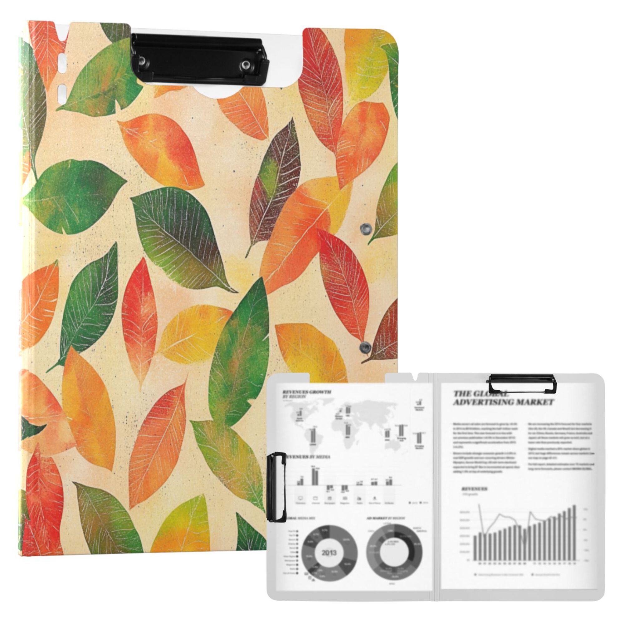 FORMRS A4 Clipboard Folder with Pen Holder Horizontal Foldable School Office Binder, Green Retro Autumn Leaves