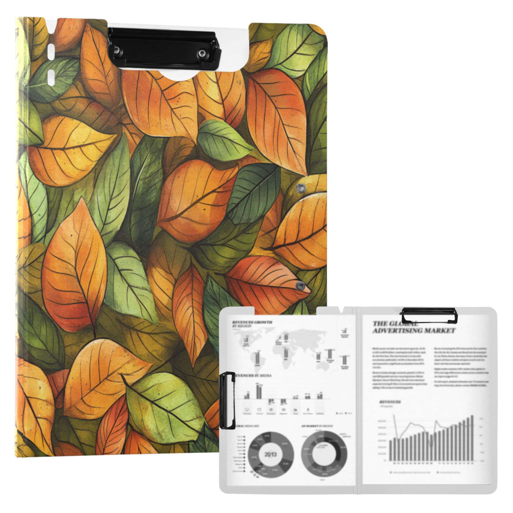 FORMRS A4 Clipboard Folder with Pen Holder Horizontal Foldable School Office Binder, Green Retro Leaves