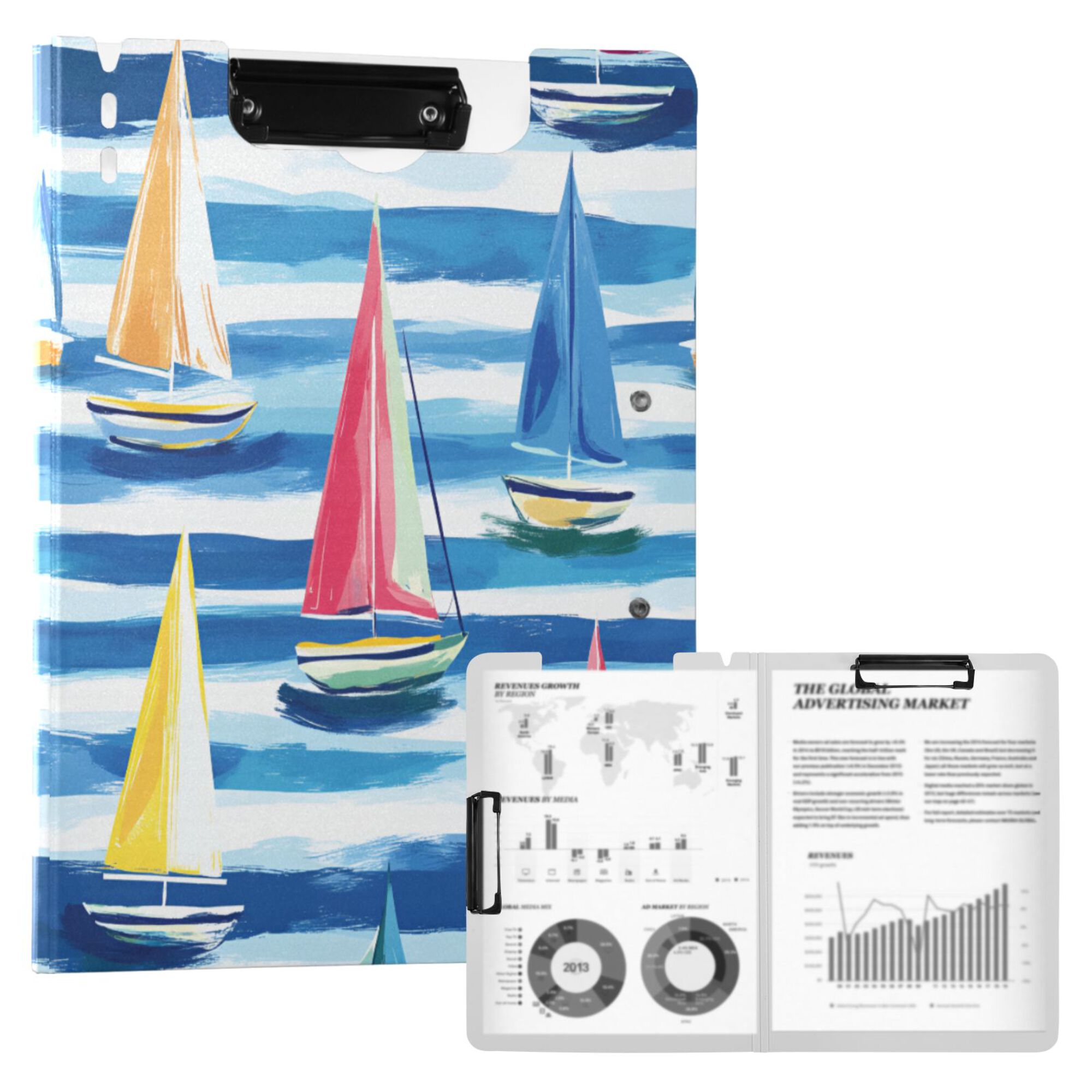 FORMRS A4 Clipboard Folder with Pen Holder Horizontal Foldable School Office Binder, Green Sailboats
