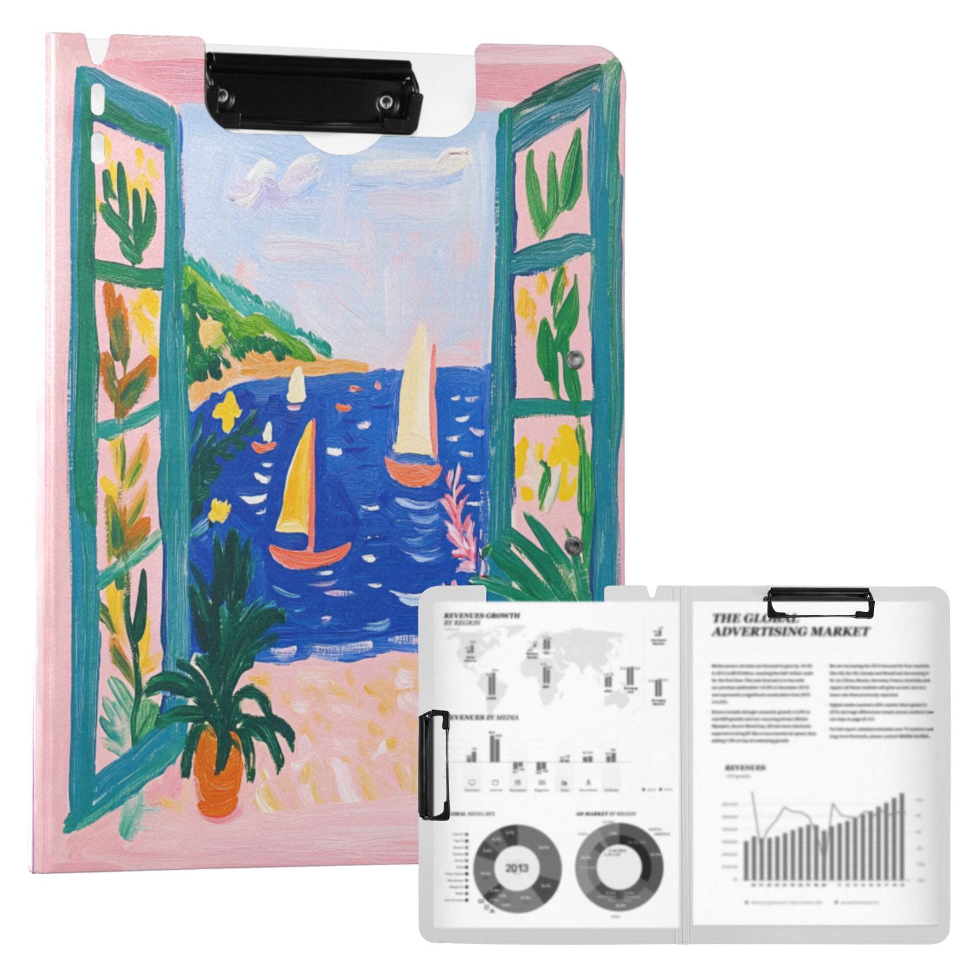 FORMRS A4 Clipboard Folder with Pen Holder Horizontal Foldable School Office Binder, Green Seaside
