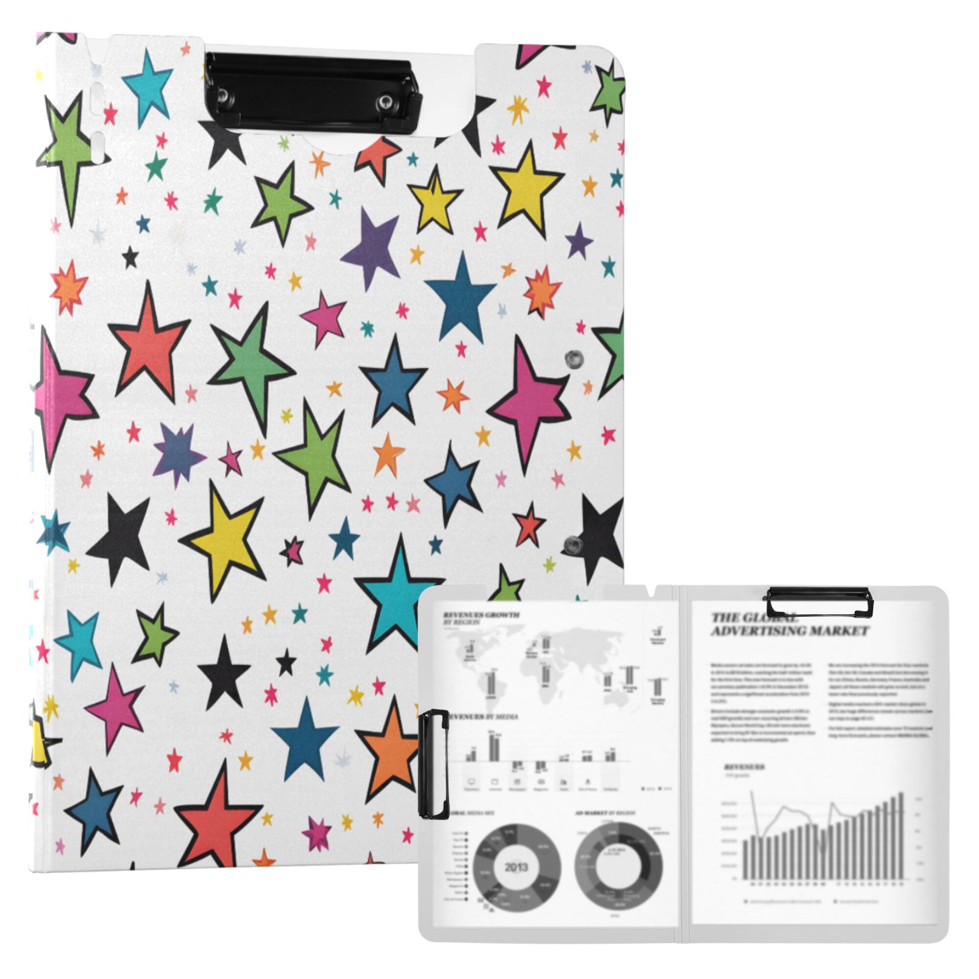 FORMRS A4 Clipboard Folder with Pen Holder Horizontal Foldable School Office Binder, Green Stars