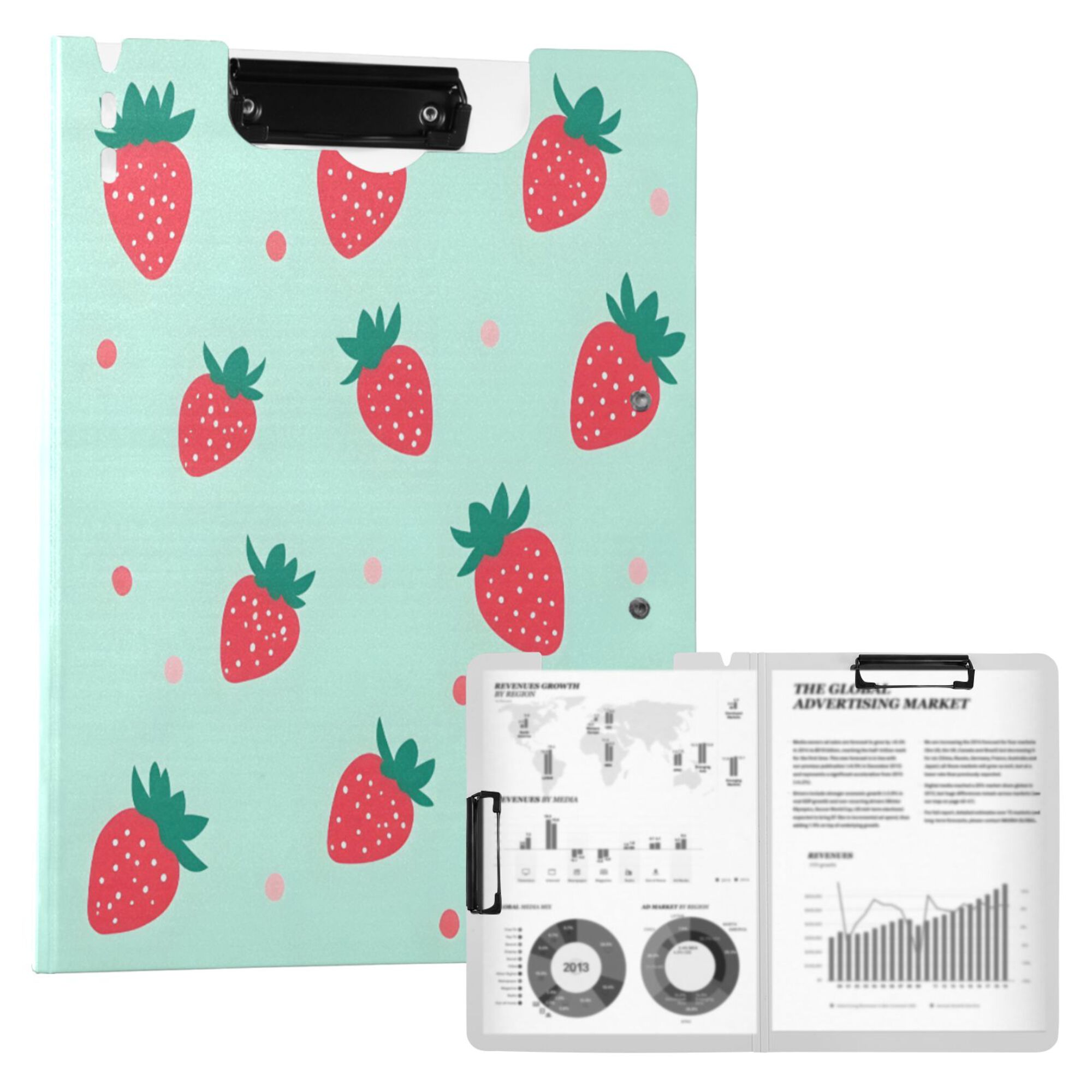 FORMRS A4 Clipboard Folder with Pen Holder Horizontal Foldable School Office Binder, Green Strawberry