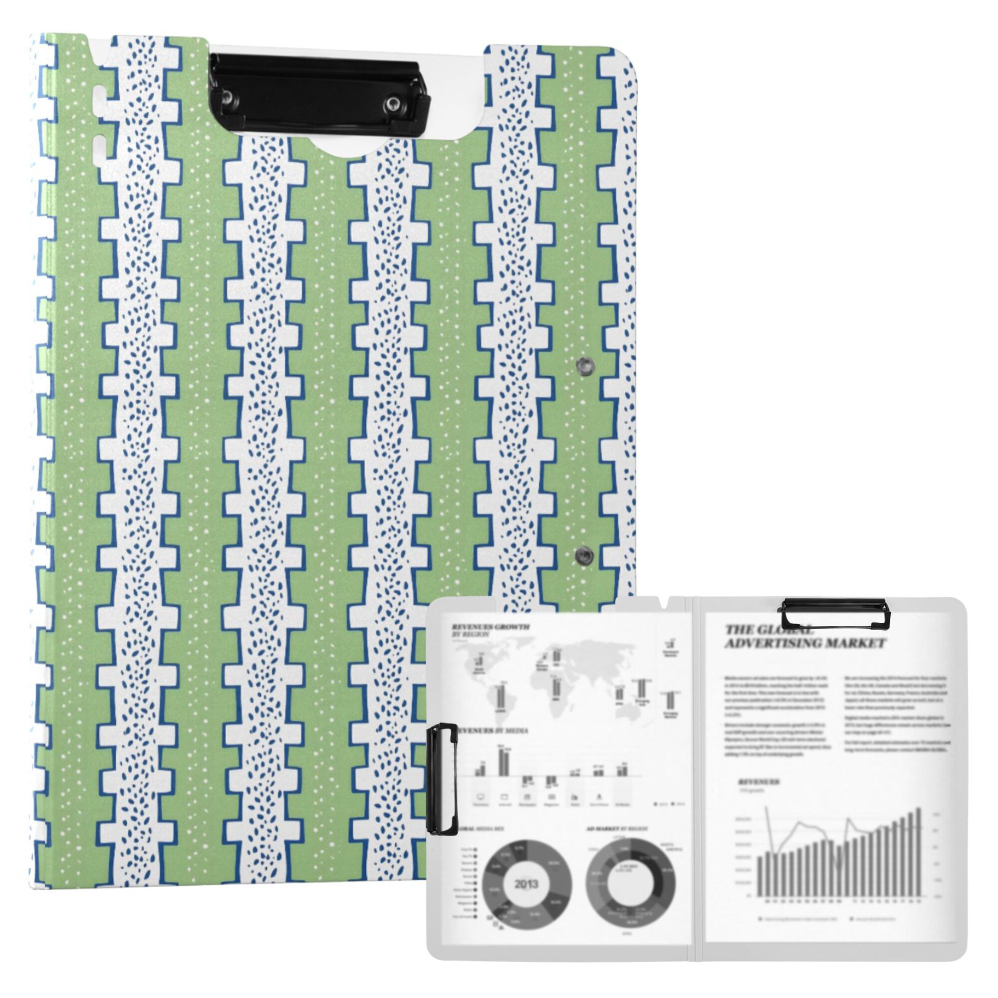 FORMRS A4 Clipboard Folder with Pen Holder Horizontal Foldable School Office Binder, Green Stripe Pattern
