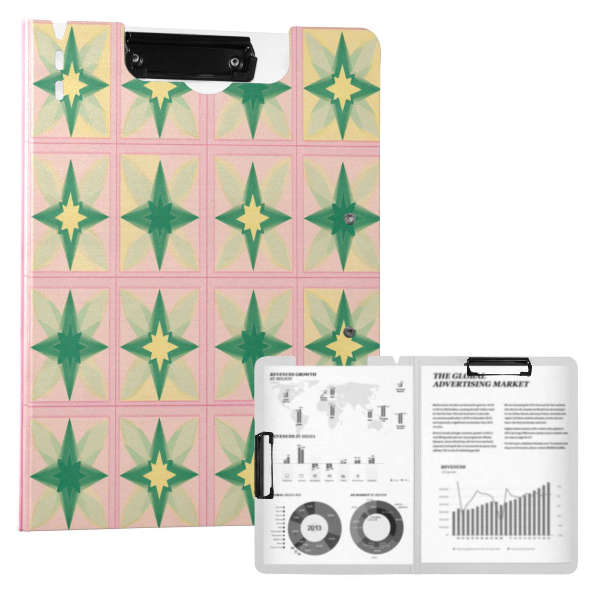 FORMRS A4 Clipboard Folder with Pen Holder Horizontal Foldable School Office Binder, Green Symmetrical Stars
