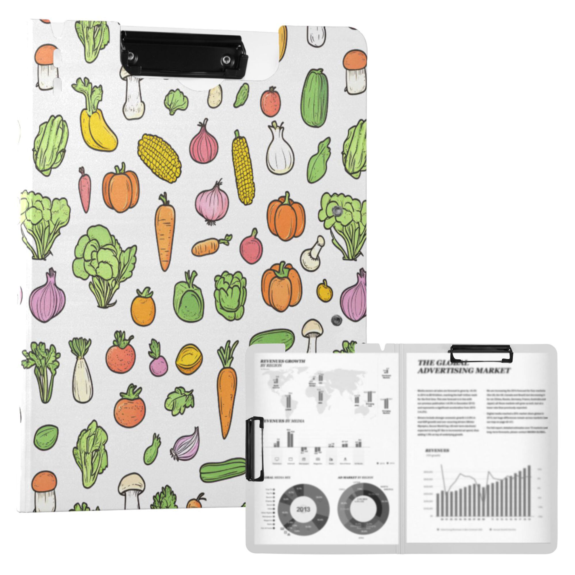 FORMRS A4 Clipboard Folder with Pen Holder Horizontal Foldable School Office Binder, Green Vegetables Pattern