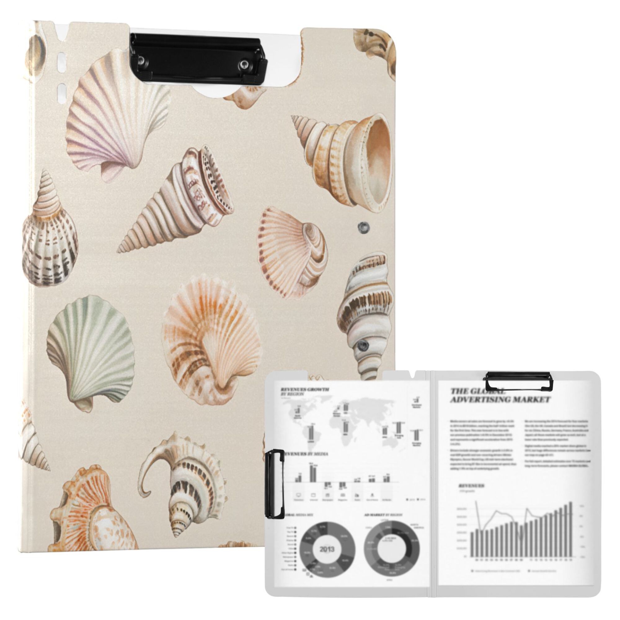 FORMRS A4 Clipboard Folder with Pen Holder Horizontal Foldable School Office Binder, Green Watercolor Seashells