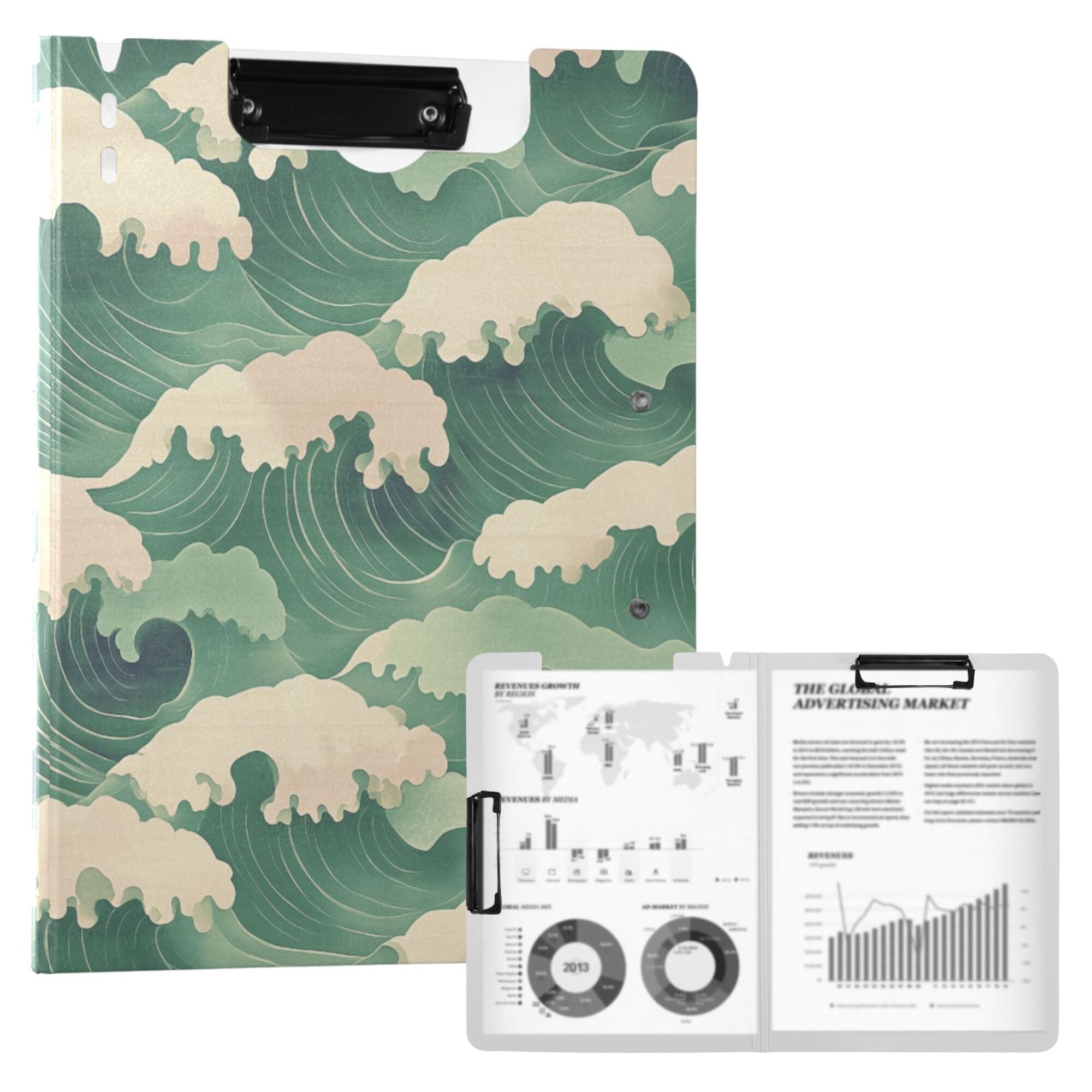 FORMRS A4 Clipboard Folder with Pen Holder Horizontal Foldable School Office Binder, Green Wave Pattern