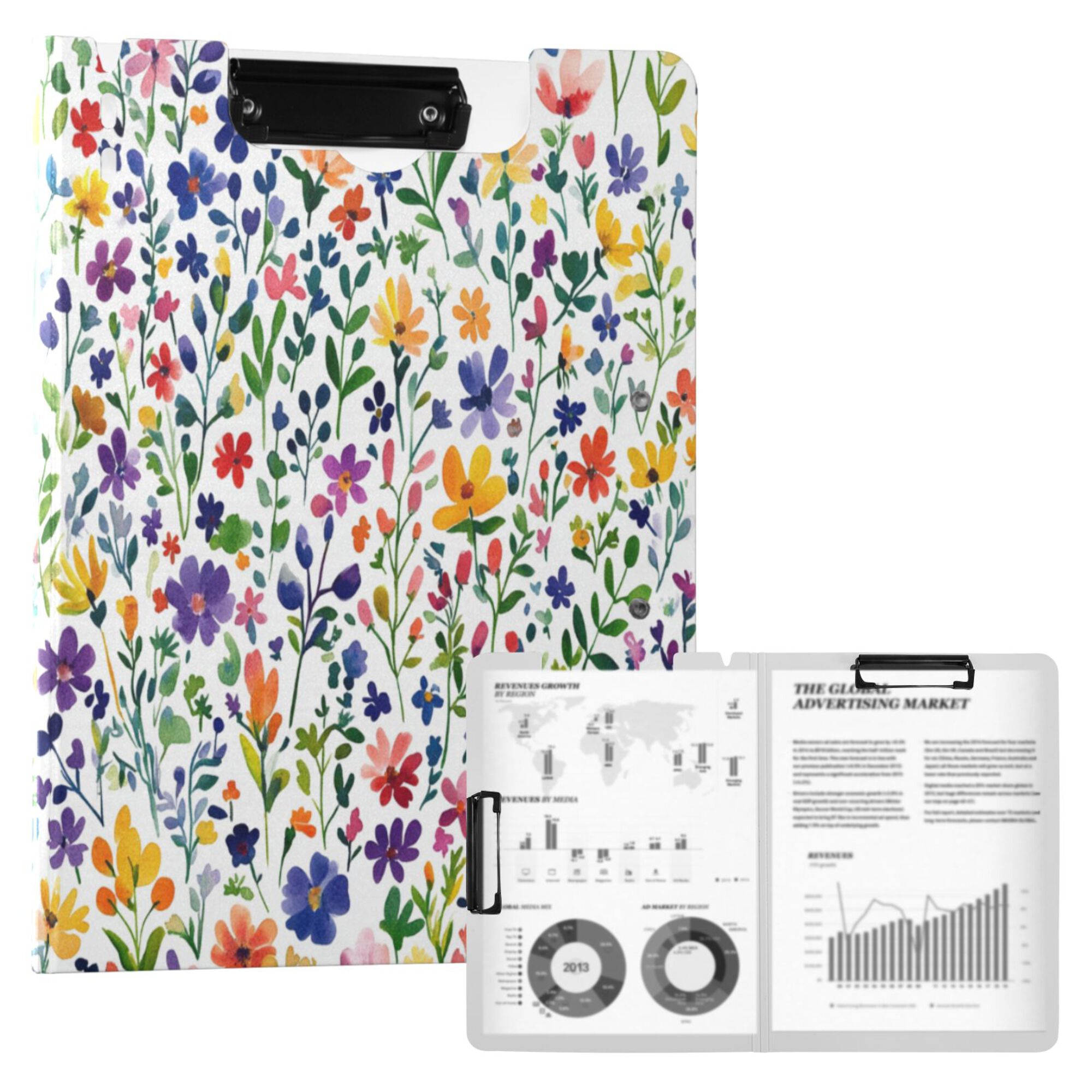 FORMRS A4 Clipboard Folder with Pen Holder Horizontal Foldable School Office Binder, Green Wildflower Pattern