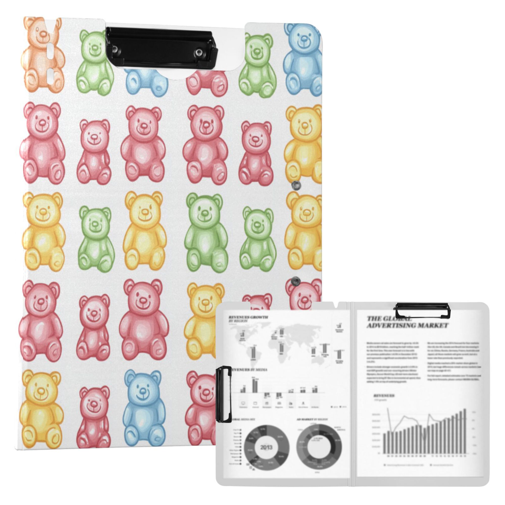FORMRS A4 Clipboard Folder with Pen Holder Horizontal Foldable School Office Binder, Gummy Bear Pattern