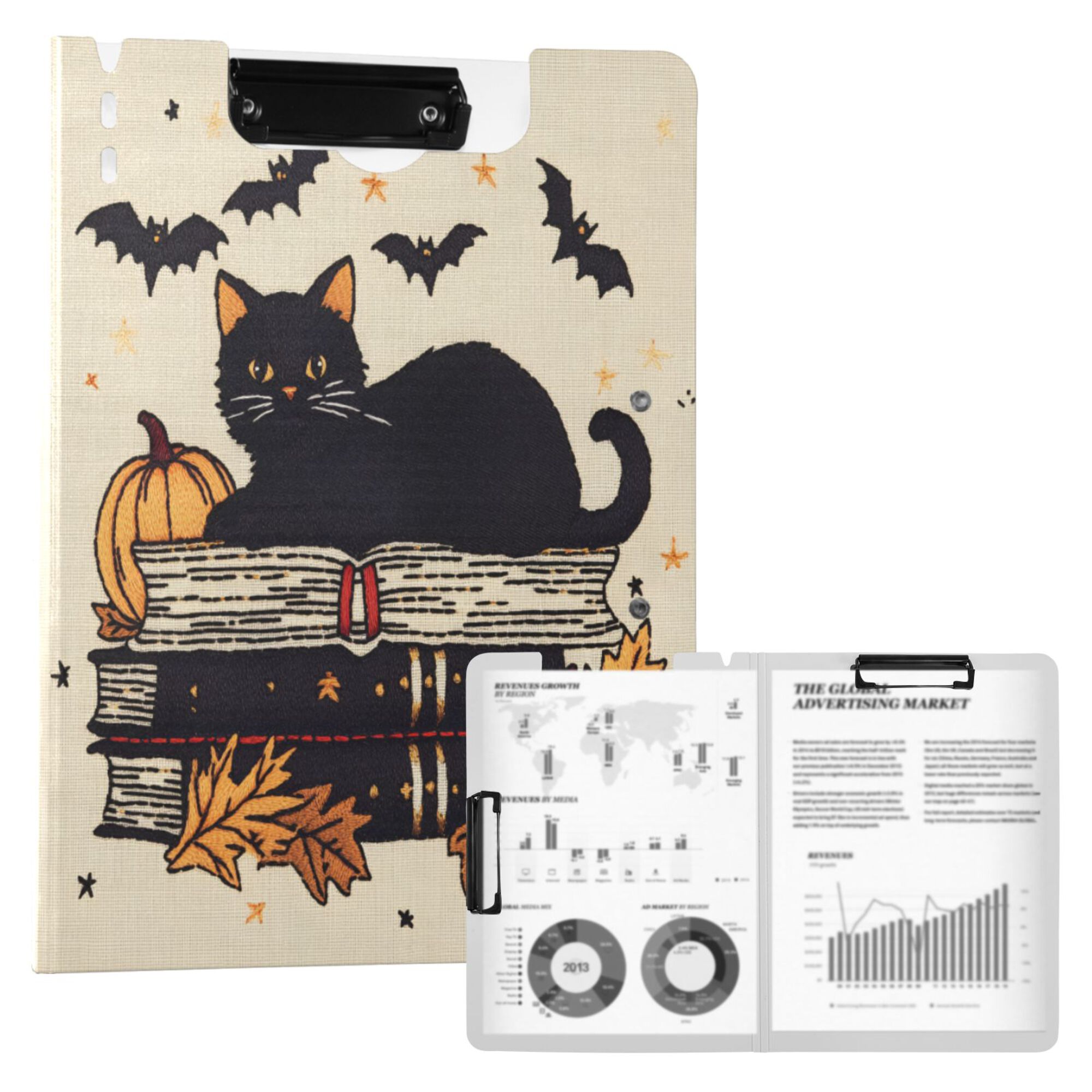 FORMRS A4 Clipboard Folder with Pen Holder Horizontal Foldable School Office Binder, Halloween Cat