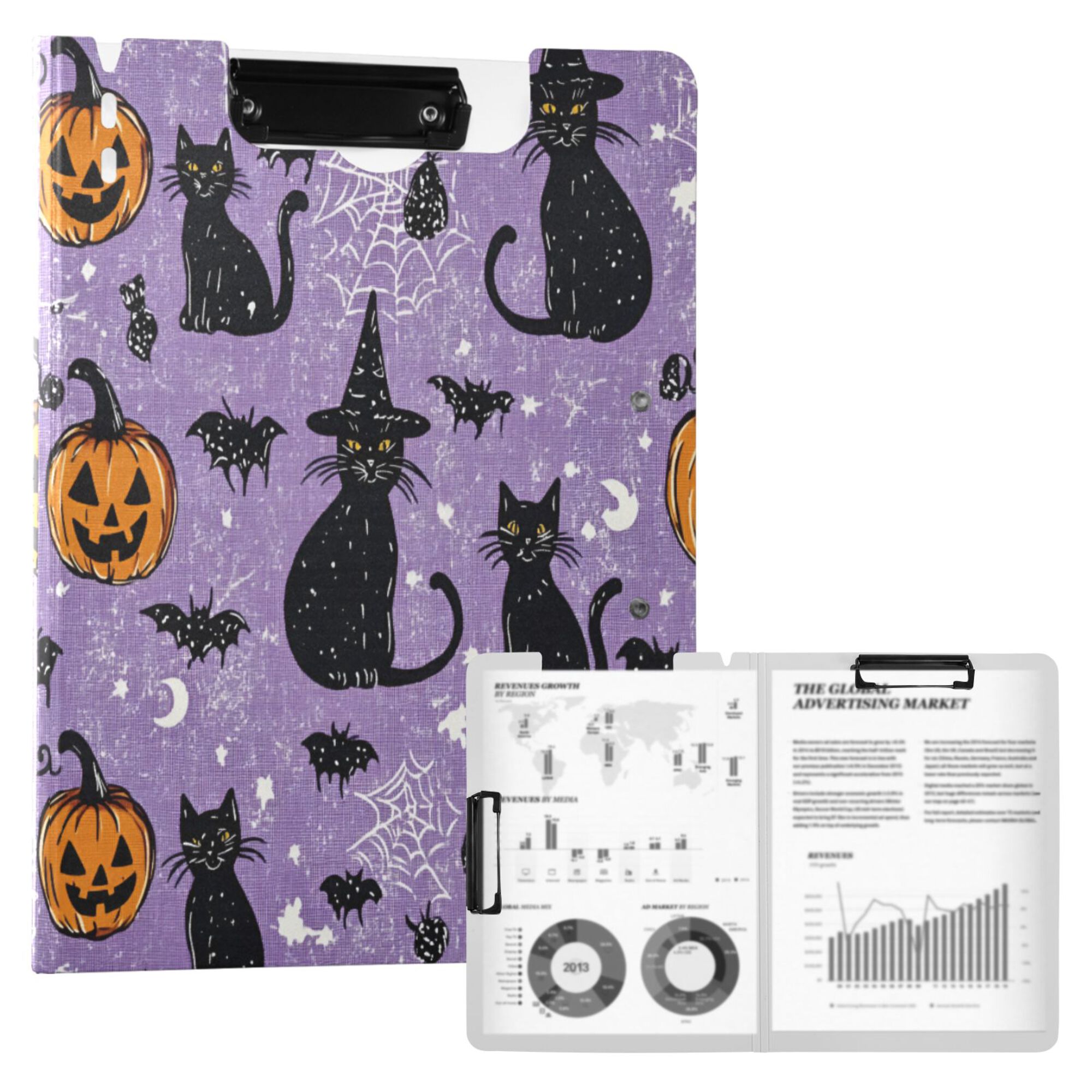 FORMRS A4 Clipboard Folder with Pen Holder Horizontal Foldable School Office Binder, Halloween Cats